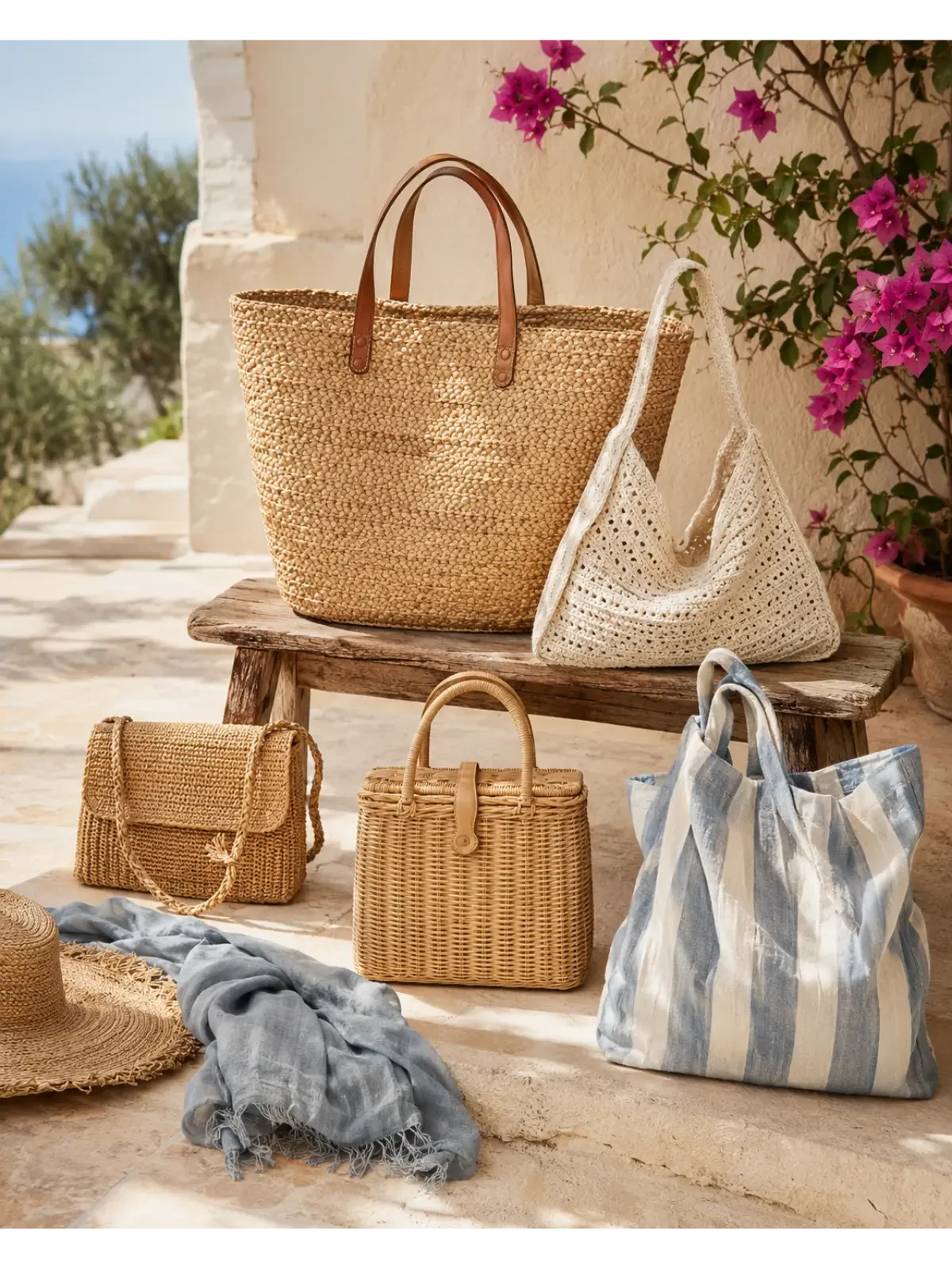 Woven, crochet, raffia, basket, and striped linen summer bags displayed in a sunny Mediterranean courtyard.