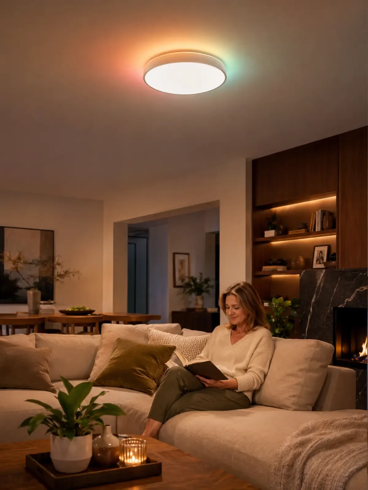 Woman reading beneath a color-changing smart ceiling light.