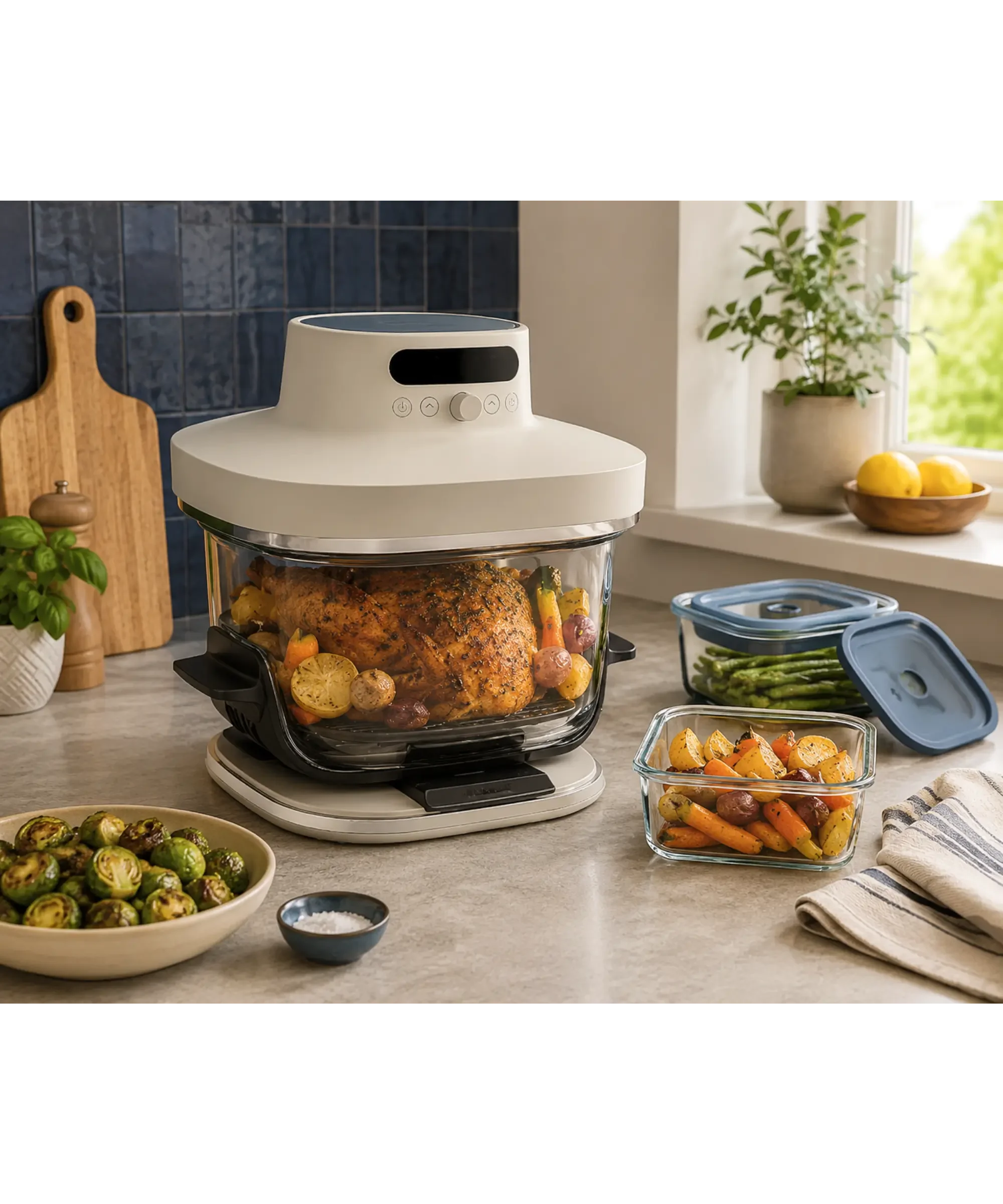 Ninja Crispi Pro glass air fryer with a transparent cooking container displayed on a modern kitchen countertop beside roasted chicken, vegetables, and glass food storage containers, highlighting its non-toxic design and meal-prep convenience.