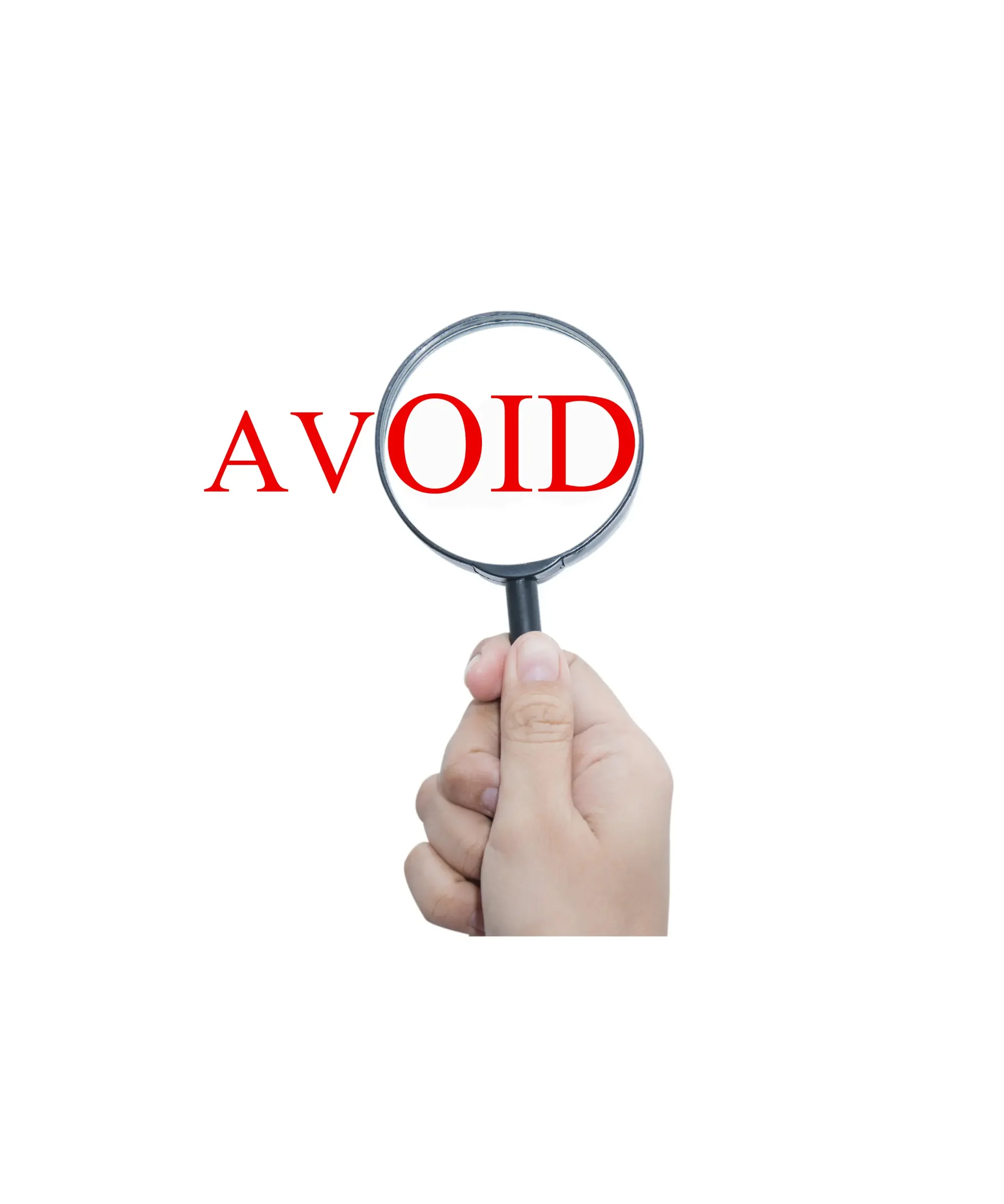Hand holding a magnifying glass highlighting the word “Avoid” in red, symbolizing ingredients or supplement labels to stay away from.