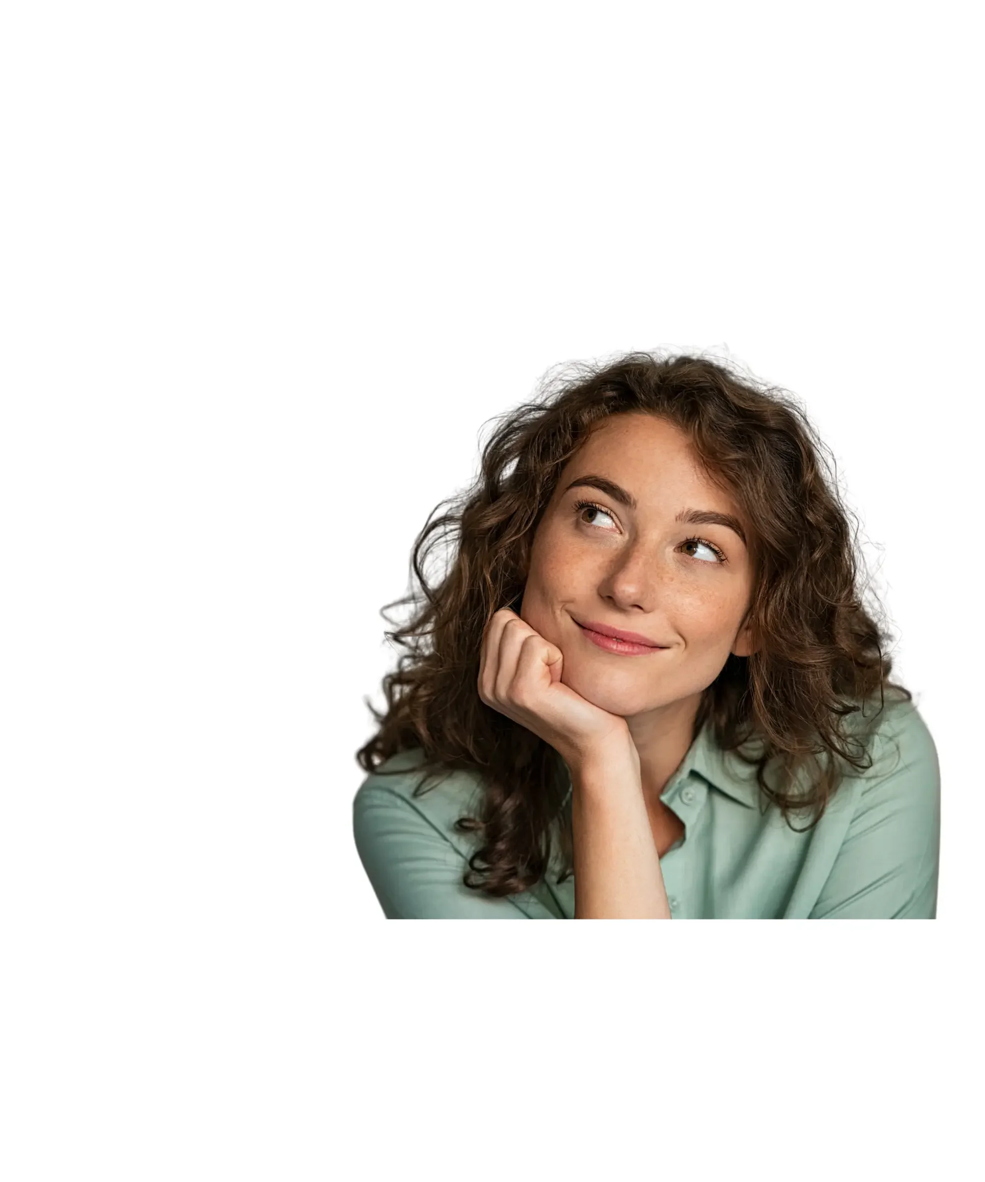 “Thoughtful woman with curly hair looking upward on a white background.