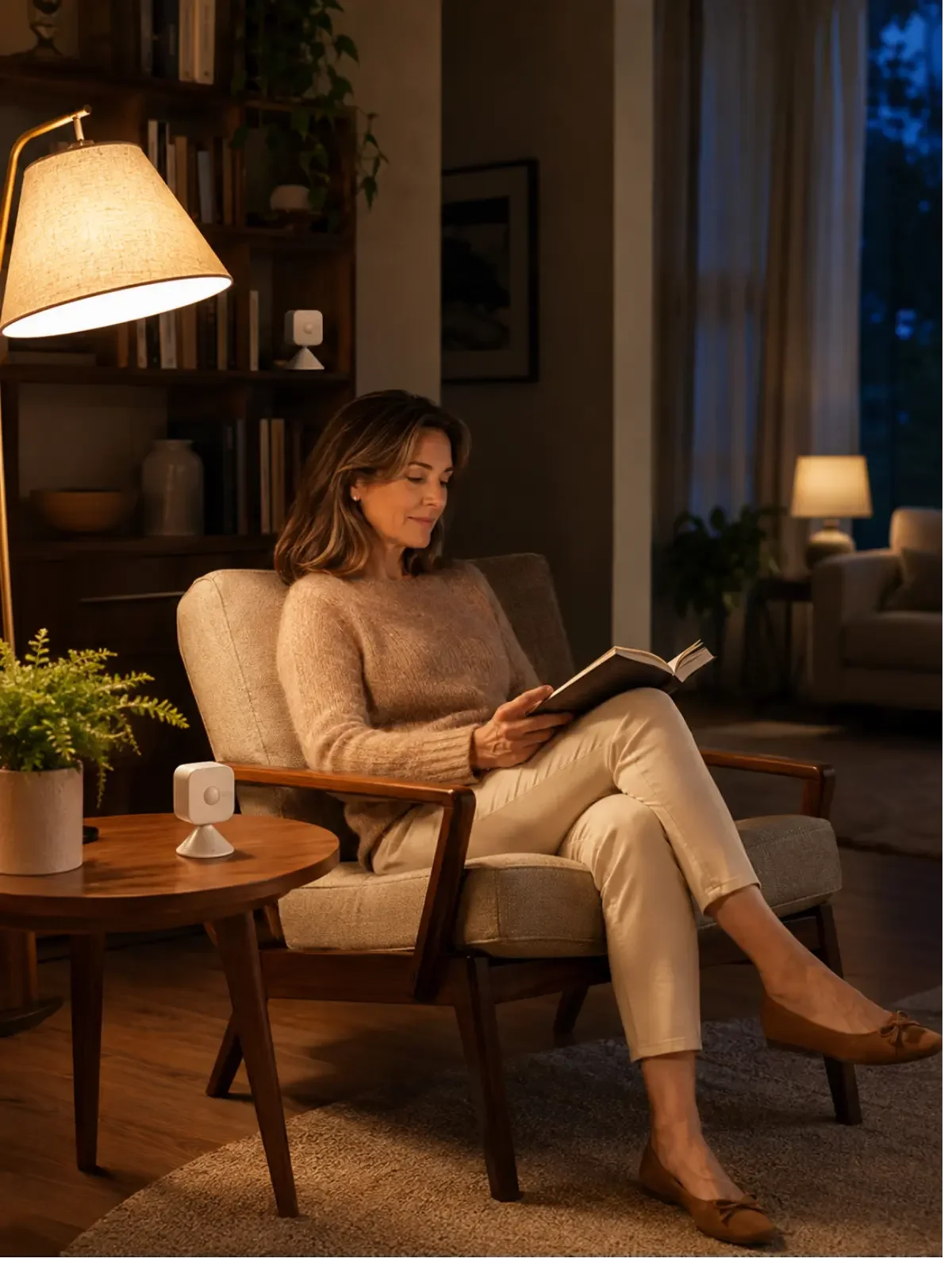 Woman reading while smart presence sensors keep her living room illuminated.