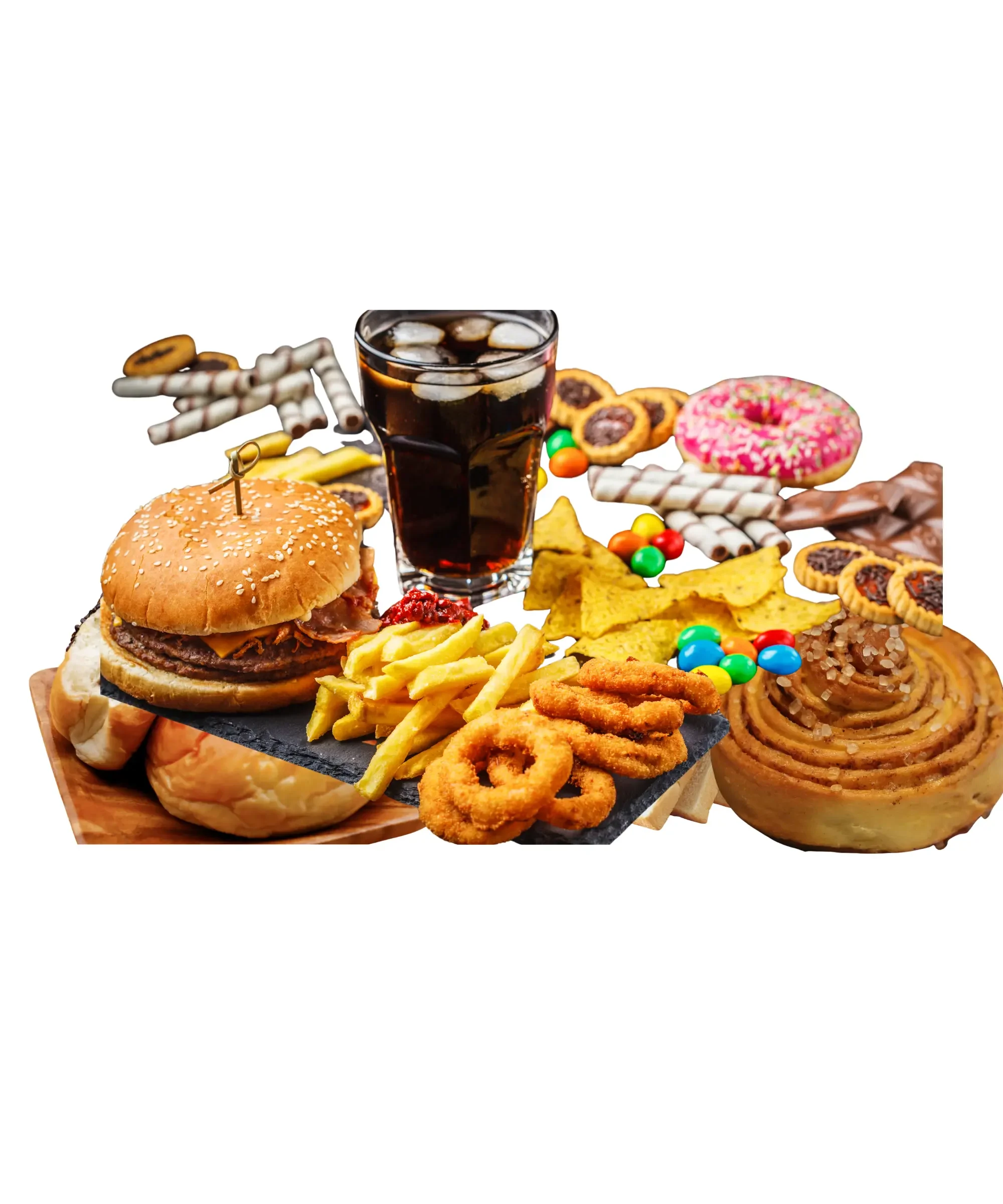 Fast food, soda, sweets, and ultra-processed snacks displayed together, representing a high-sugar, processed diet.