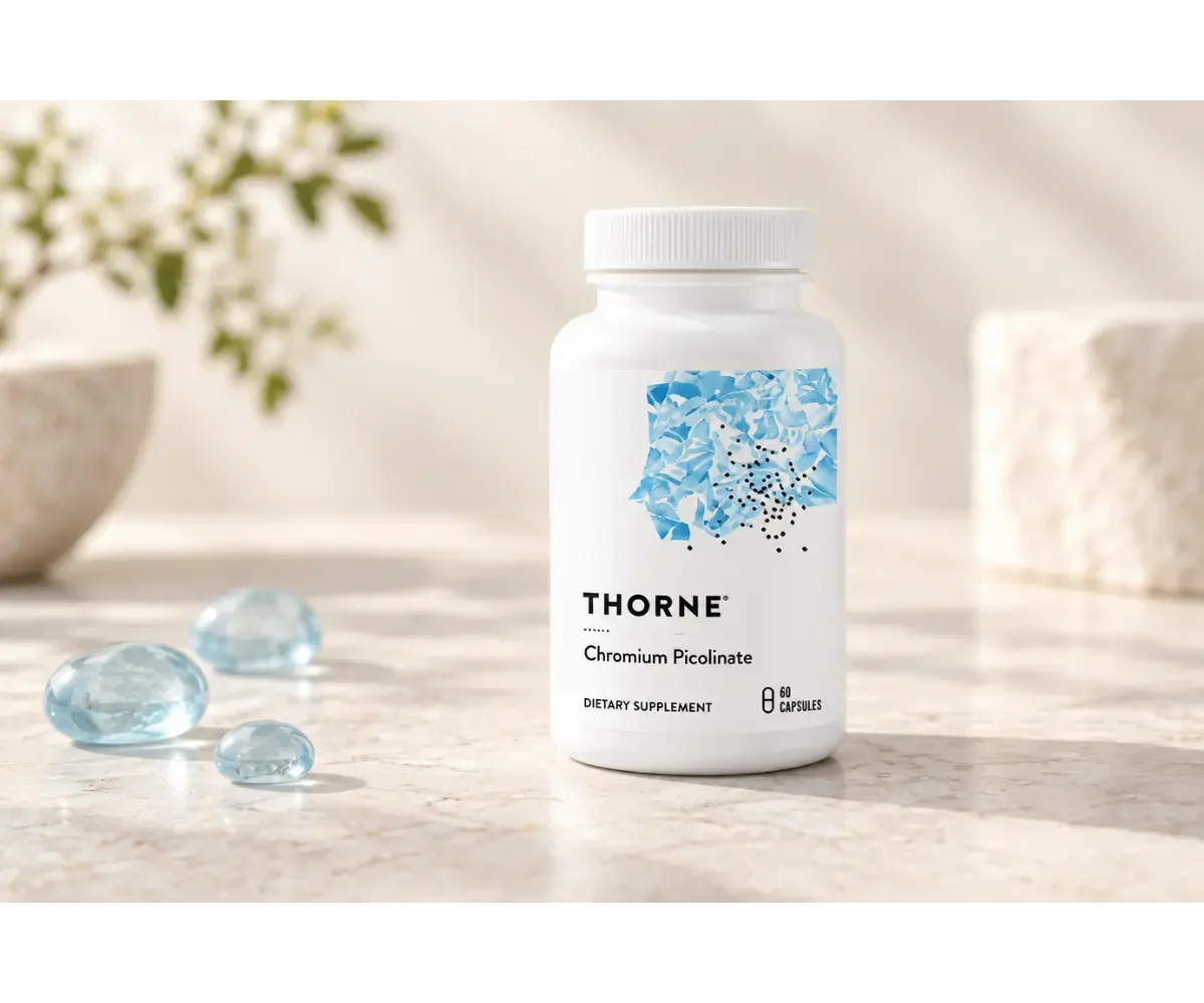 Thorne Chromium Picolinate supplement bottle displayed on a light stone surface with pale blue glass accents.