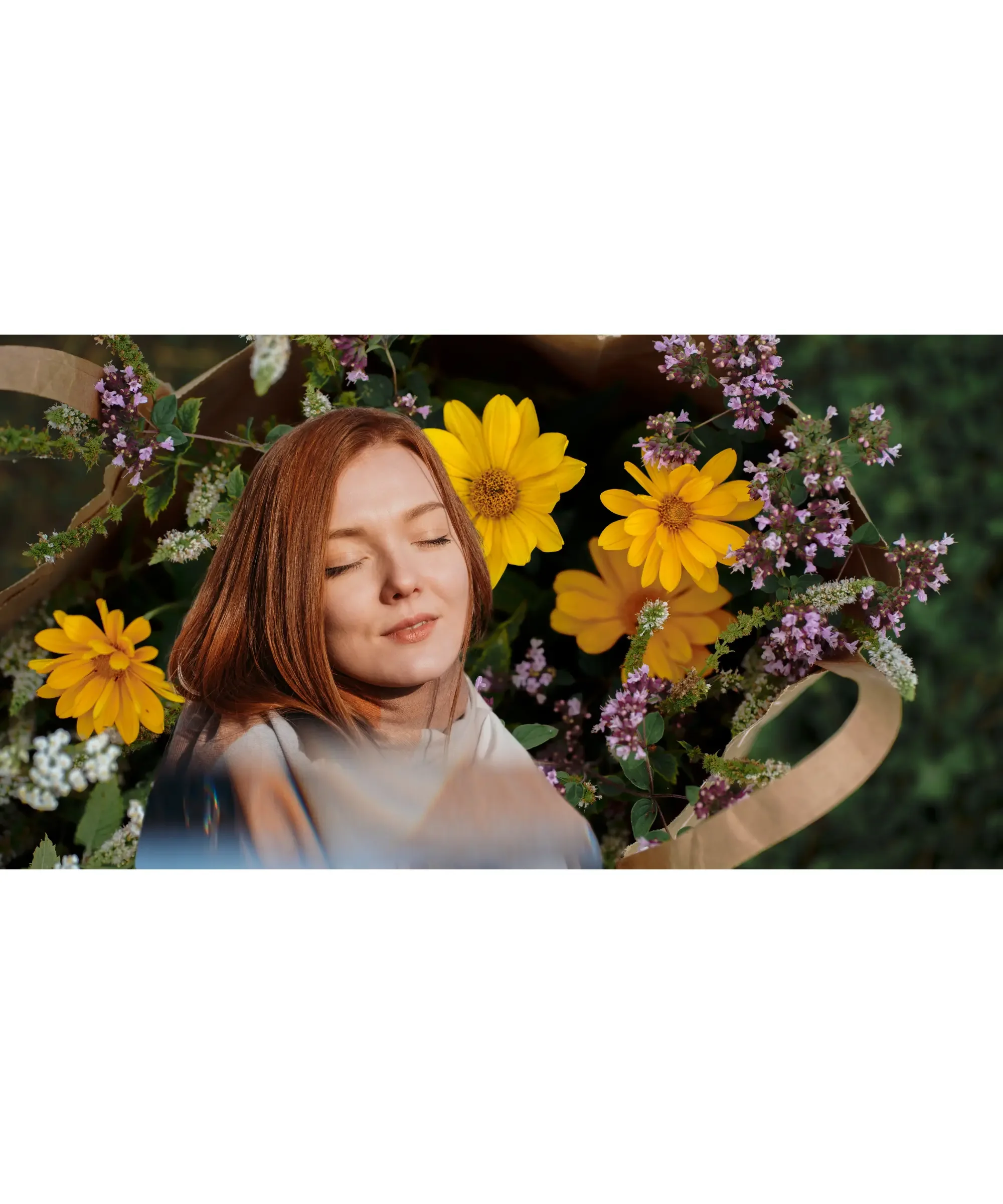woman enjoying peaceful moment with eyes closed surrounded by flowers, representing slow living in a busy world, mindfulness, calm lifestyle, and mental wellness