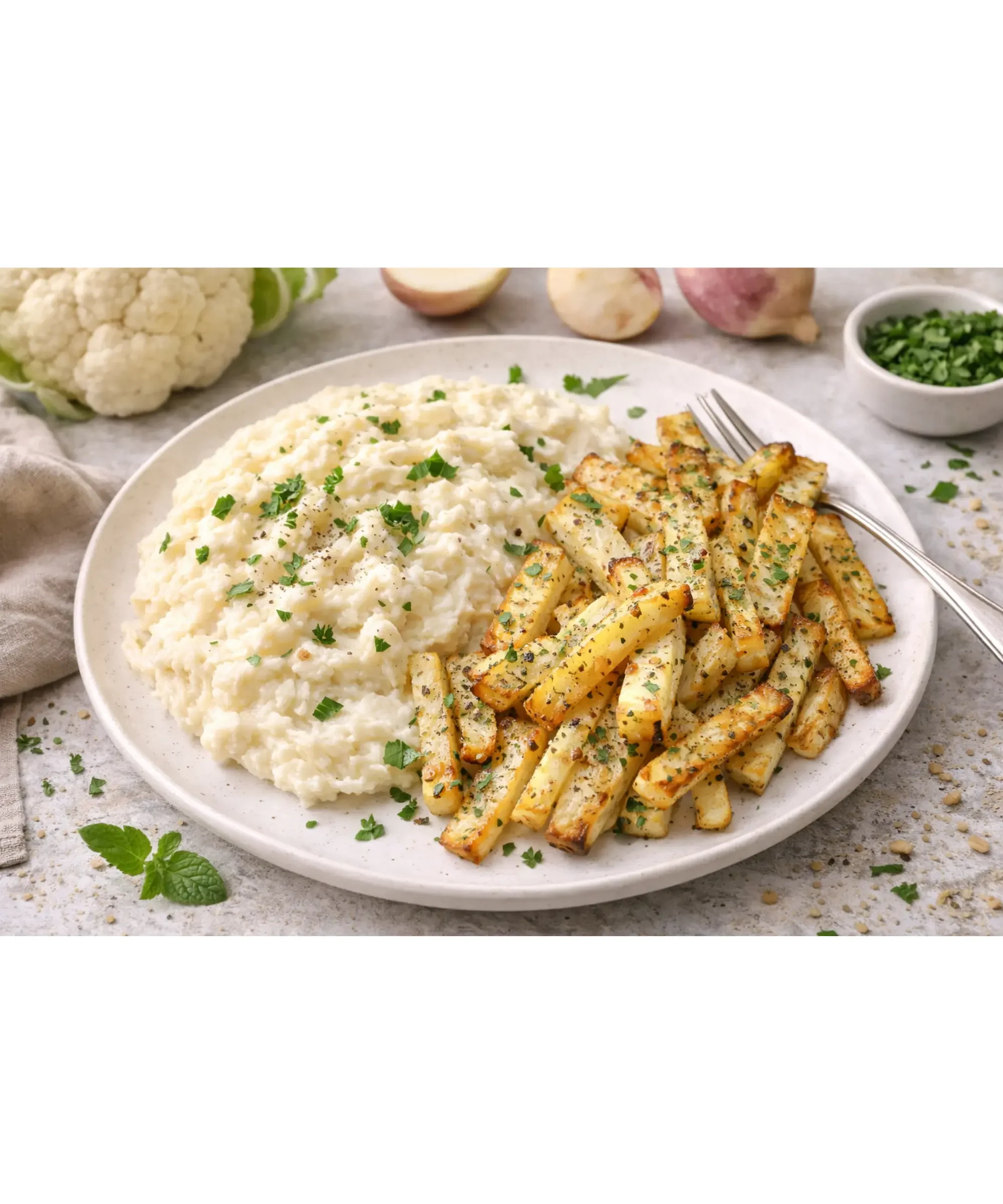 Plate with mashed cauliflower and turnips fries