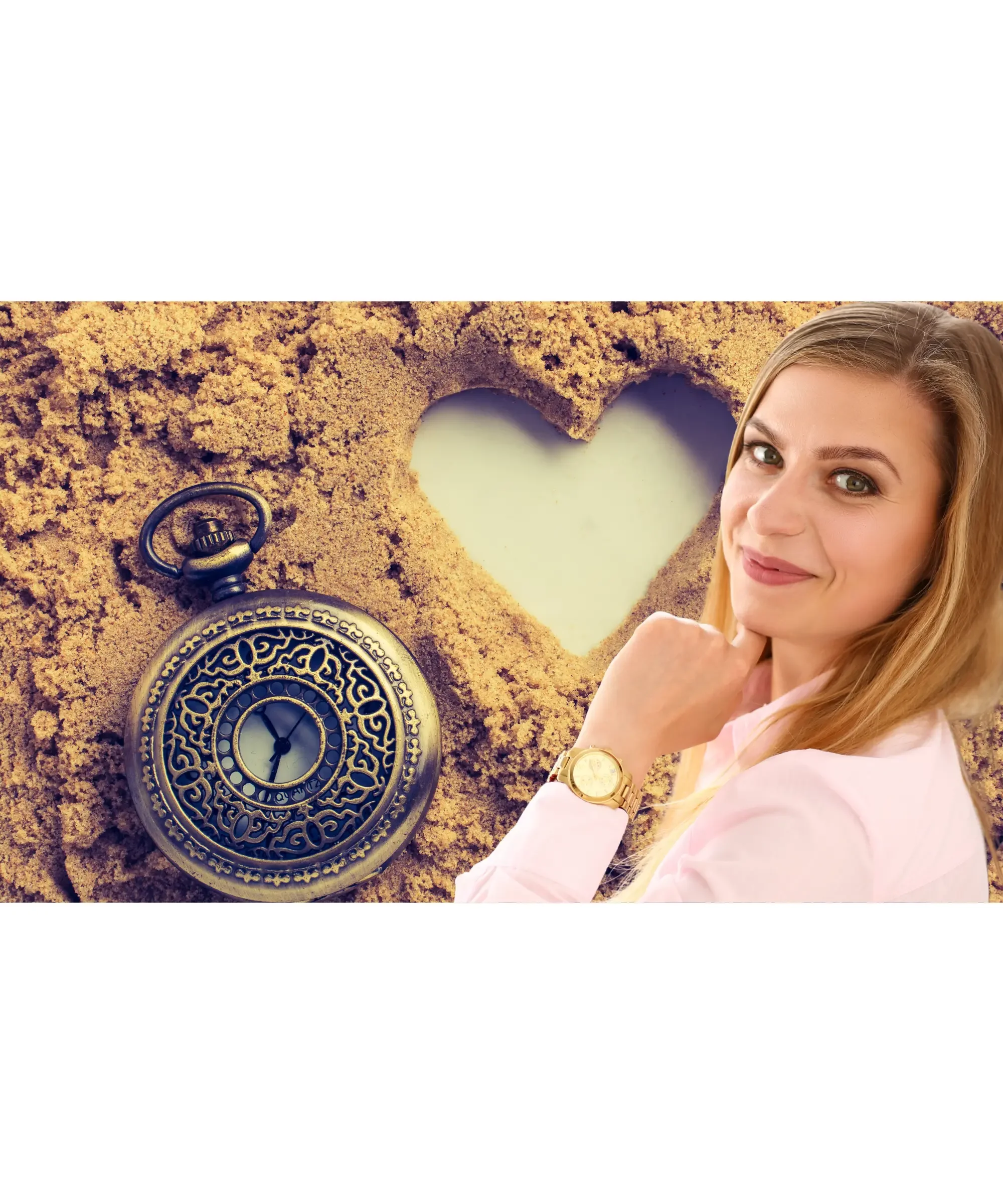 Woman smiling beside vintage pocket watch and heart shape in sand, concept of time, self-care, slowing down and intentional living