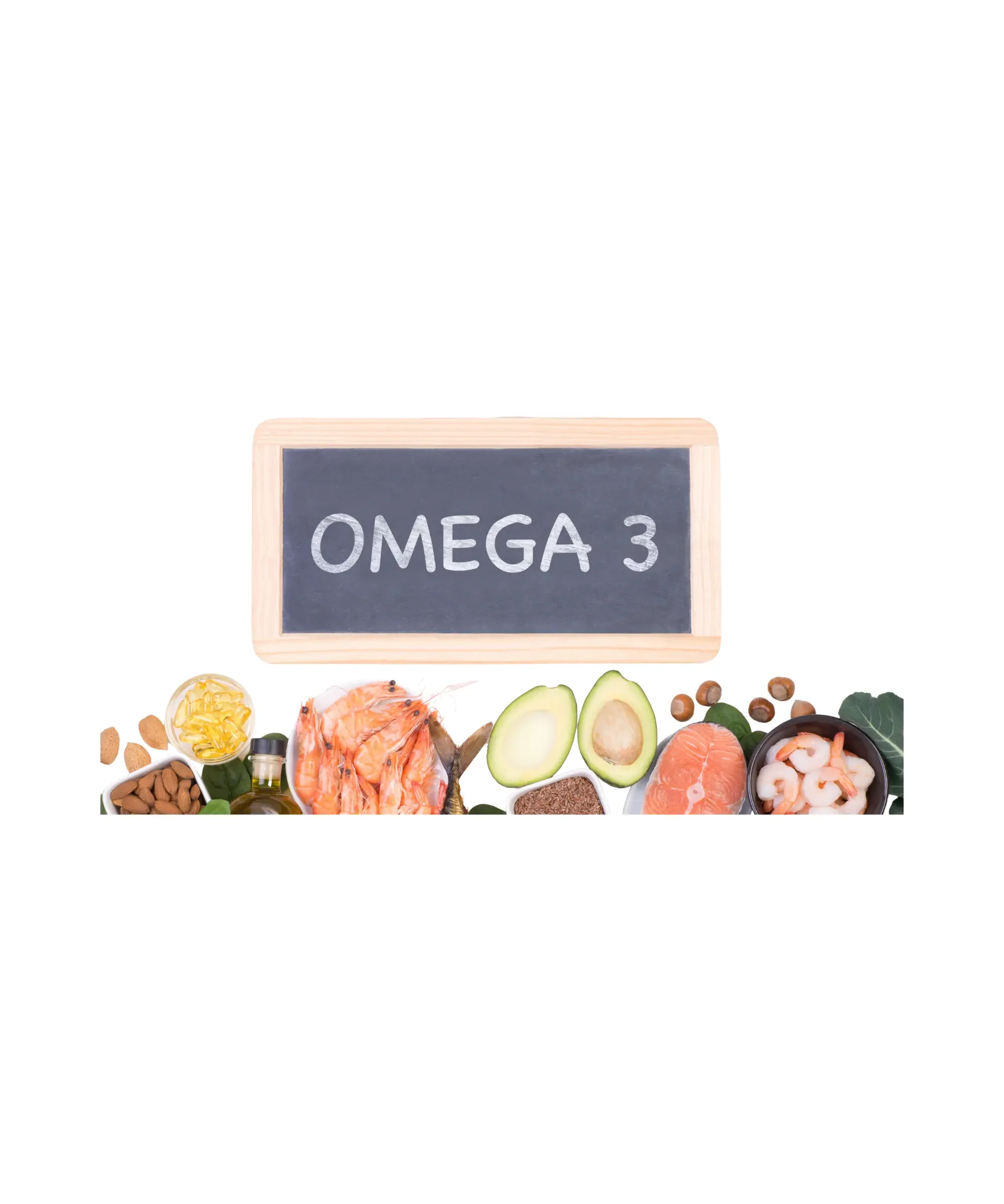 “Omega 3 sources shown with salmon, shrimp, avocado, almonds, and fish oil supplements.”