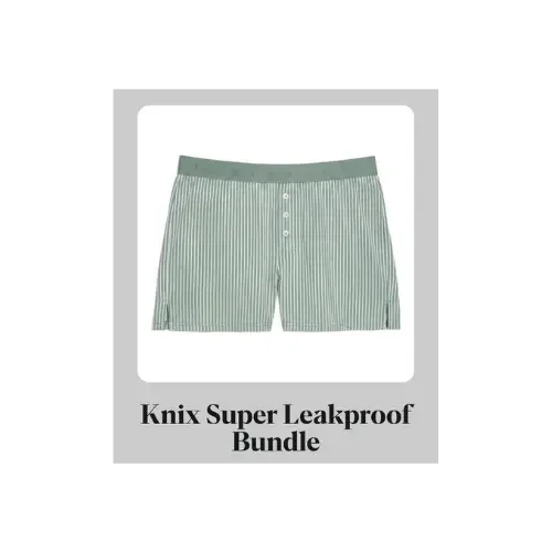 Green and white striped Knix leakproof boxer shorts above the text ‘Knix Super Leakproof Bundle.