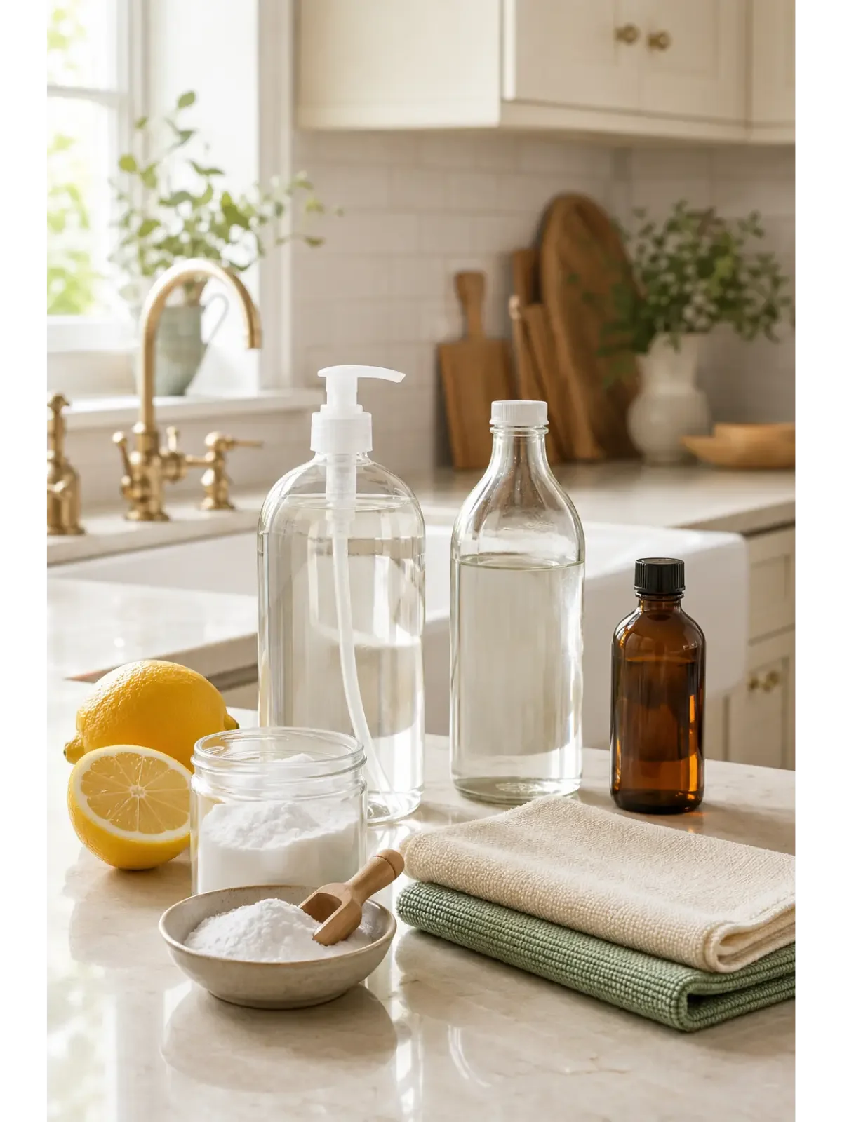 Natural kitchen cleaners with lemons, baking soda, vinegar, soap, and reusable cloths.