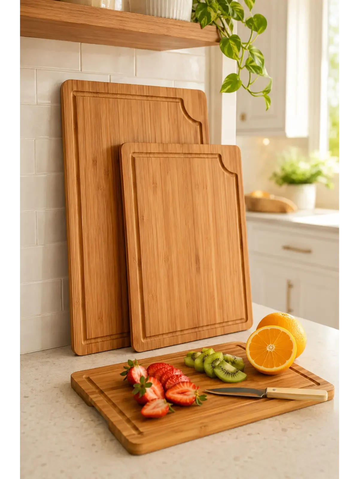 Three bamboo cutting boards with sliced fruit in a bright kitchen.