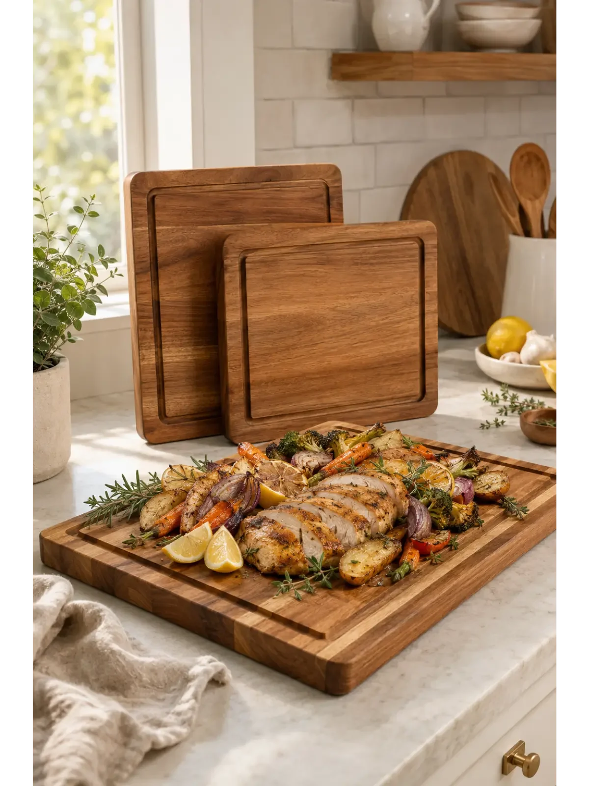 Acacia wood cutting boards with roasted chicken and vegetables in a bright kitchen.