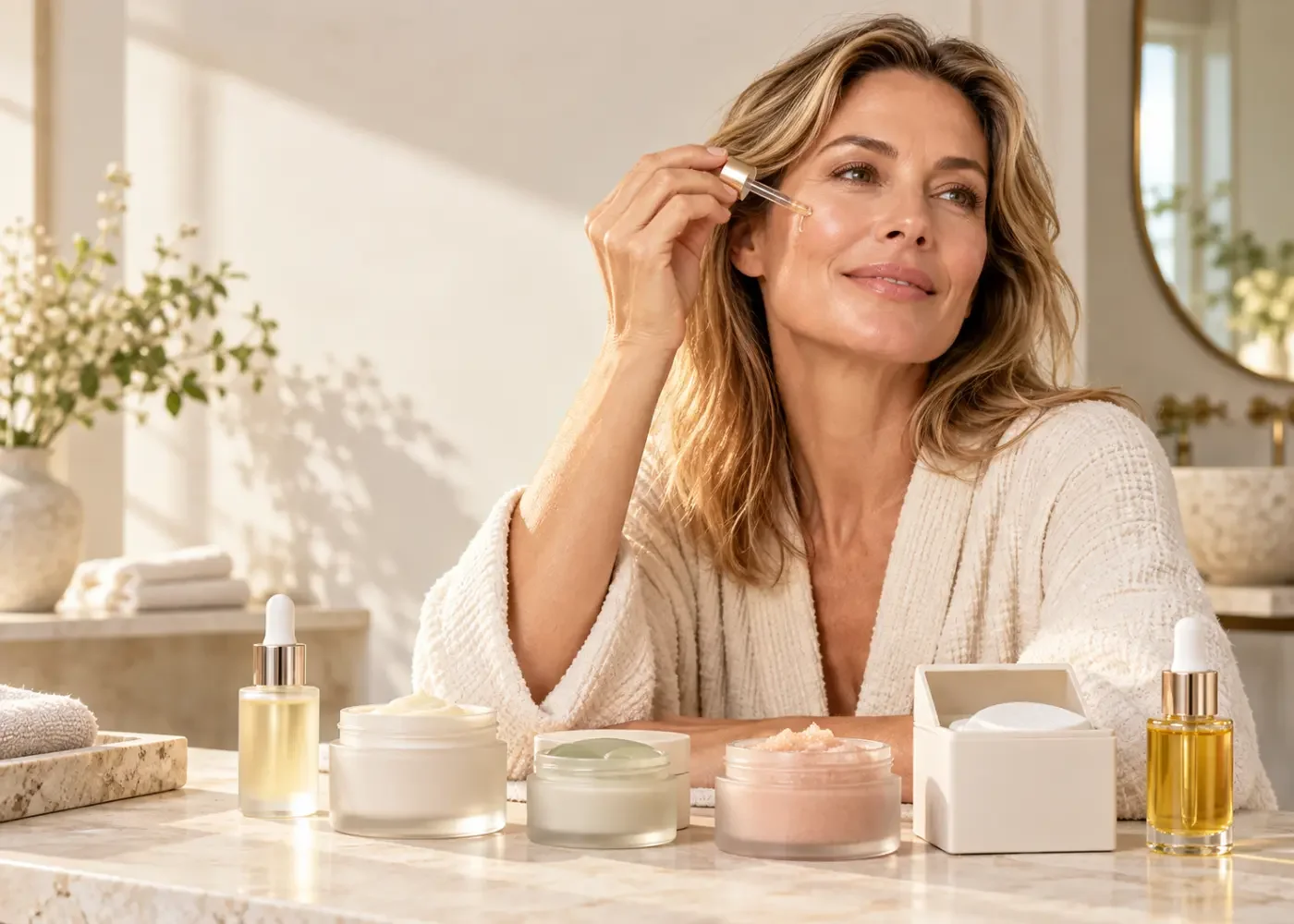 Woman in her 50s applying facial serum beside six skincare products in a warm, sunlit bathroom.