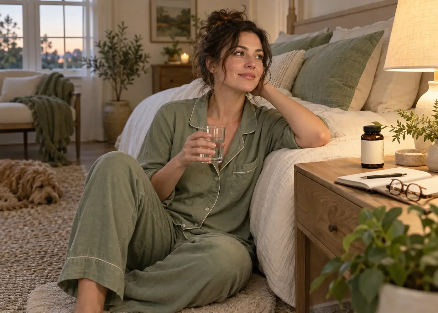 Woman in sage green pajamas holding a glass of water beside a bed, with a supplement bottle and notebook on the bedside table.