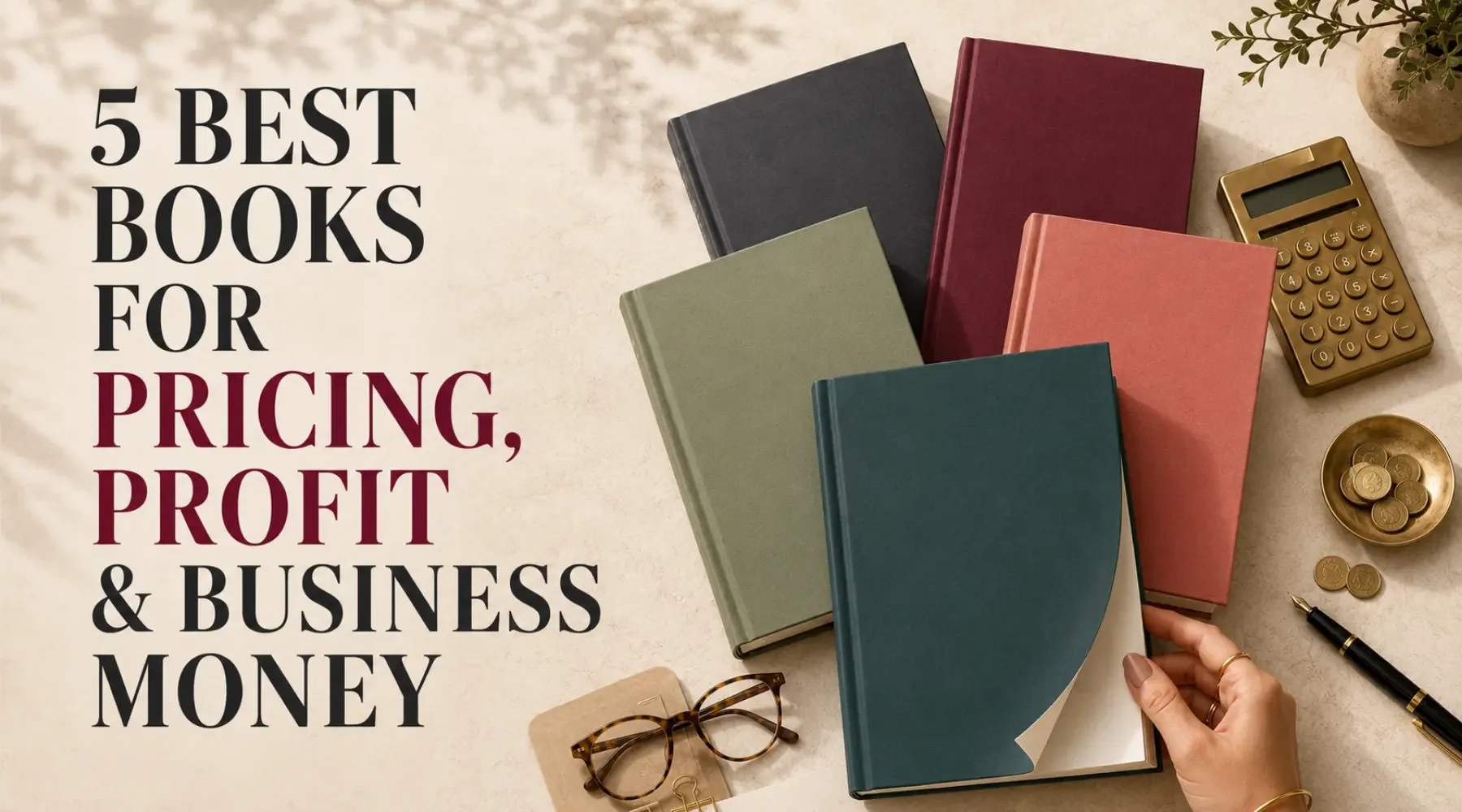 Five business books beside a calculator and coins for learning pricing, profit, and business money management.