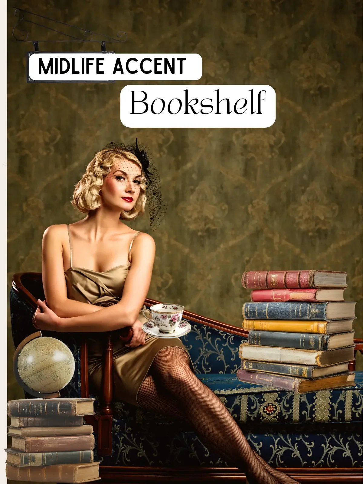 Midlife Accent Bookshelf with vintage books and a woman reading, representing thoughtful midlife reading and curated literary taste.
