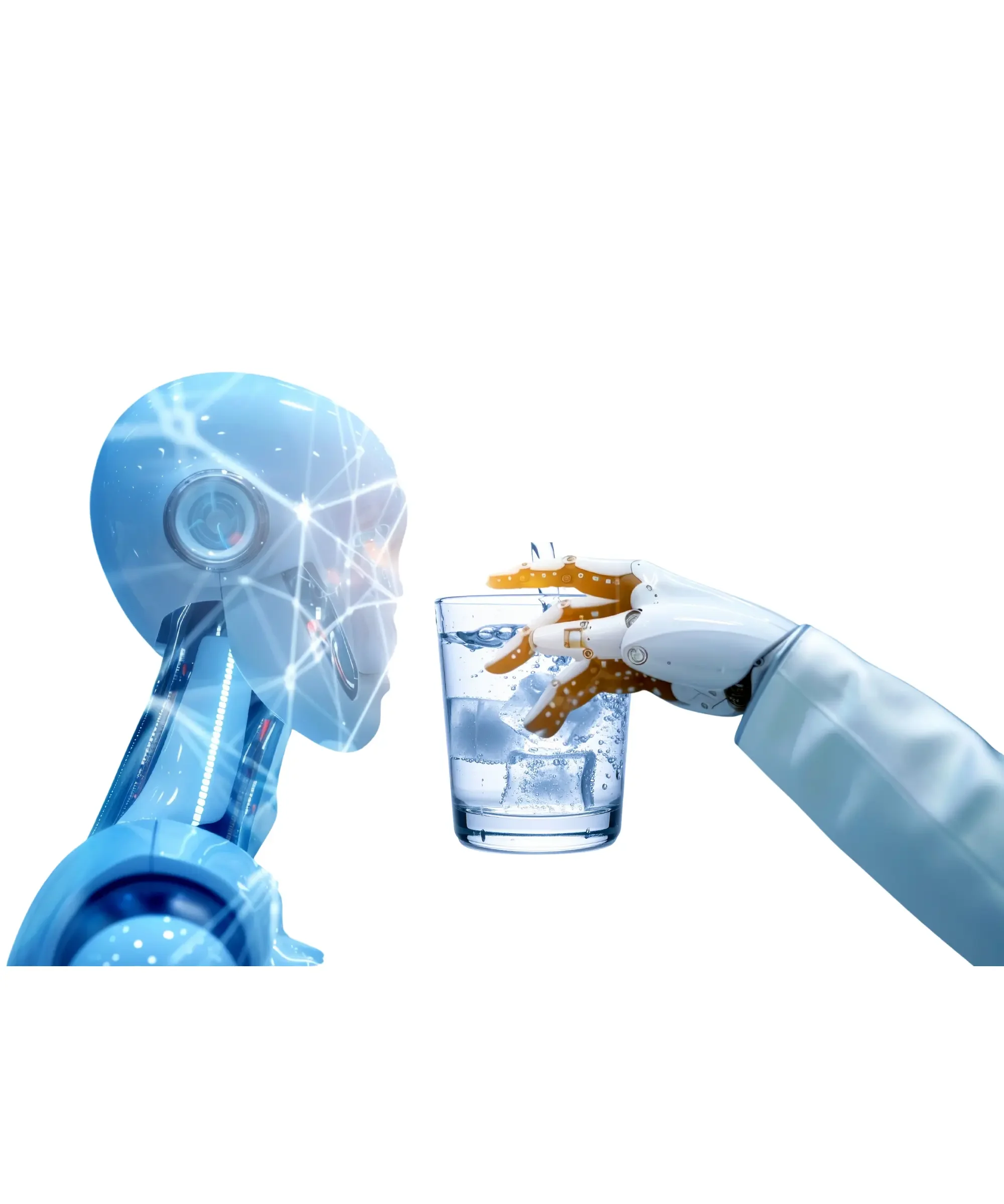 Conceptual image of artificial intelligence represented by a robot being offered a glass of water, symbolizing AI and water consumption.