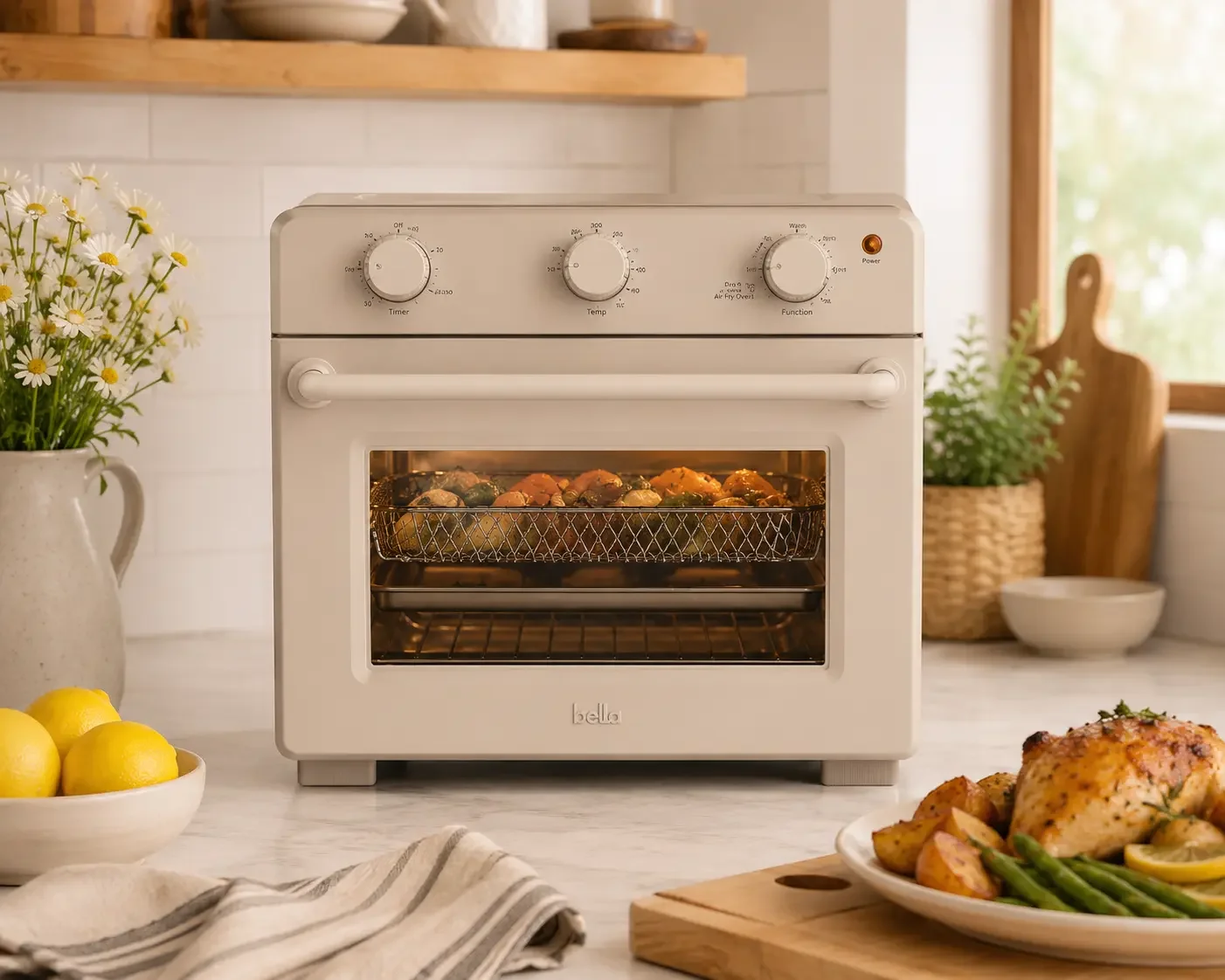 Cream-colored Bella air fryer toaster oven on a bright kitchen countertop with fresh lemons, flowers, and a roasted chicken dinner, showcasing its spacious interior and stylish retro-inspired design.