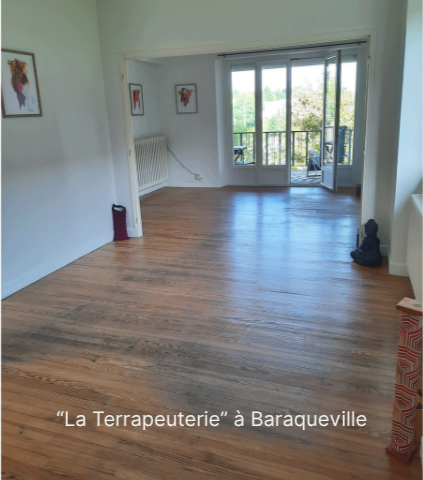 Salon avec parquet en bois, deux œuvres d'art sur le mur, porte-fenêtre donnant sur un balcon avec vue sur la verdure, bouddha décoratif dans le coin, ambiance lumineuse et aérée.