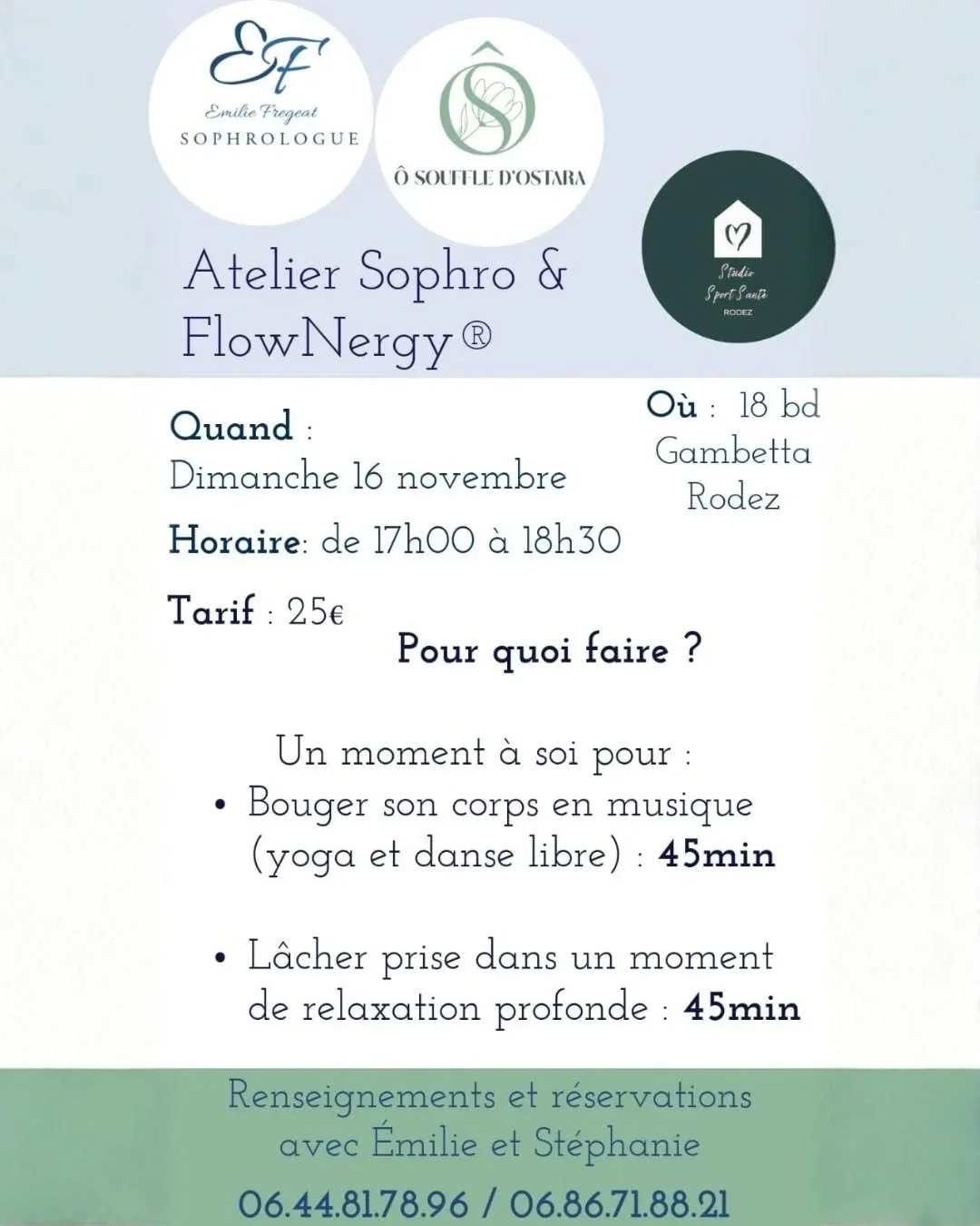 🧘&zwj;♀️ Atelier FlowNergy&reg; et Sophrologie au @studio.sport.sante.rodez (12) 🧘🏻&zwj;♀️

Venez couper avec l&rsquo;agitation du quotidien et prendre un moment pour votre bien-&ecirc;tre !

Nouveaut&eacute; en Aveyron avec cet atelier m&ecirc;la