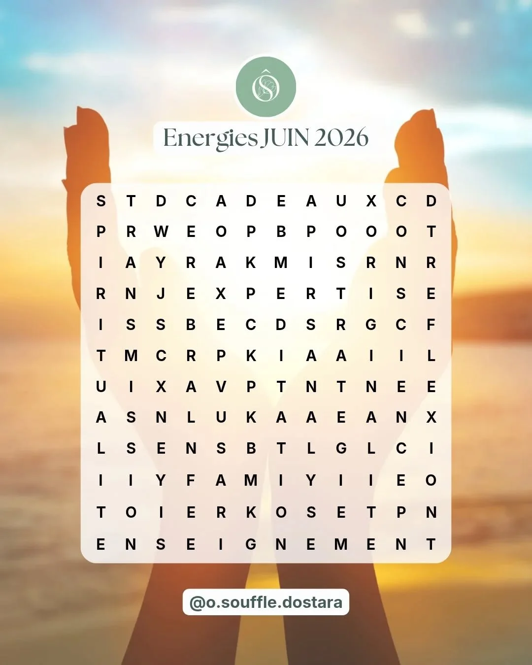 💬 Quels sont les 3 premiers mots que vous avez trouv&eacute;s&nbsp;pour juin? Dites moi en commentaire ! ⬇️

J'ai cach&eacute; des mots cl&eacute;s (format vertical&nbsp;+ horizontal) en lien avec l'&eacute;nergie du mois de juin 2026 qui est un moi