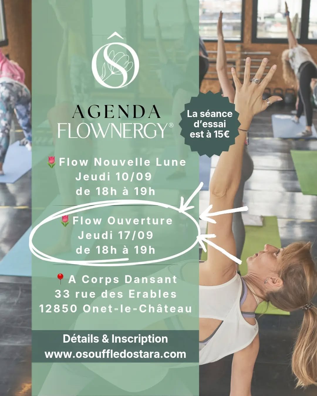 🤗 On se retrouve ce jeudi &agrave; 18h pour un Flow Ouverture &agrave; Onet-le-Ch&acirc;teau, vous venez nous rejoindre !

Nous allons travailler l'amplitude, l'expansion et l'ouverture pour recr&eacute;er de l'espace dans tout le corps.

➡️ La s&ea