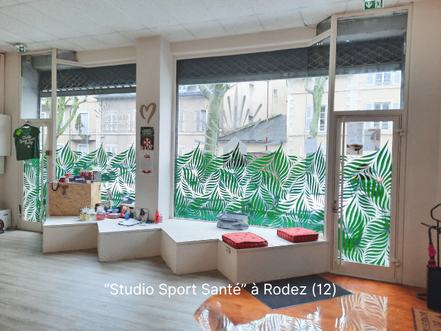 Intérieur d'un centre de sport avec des fenêtres décorées de motifs de feuilles vertes, deux coussins rouges sur une banquette, et un mur avec des affiches et des objets