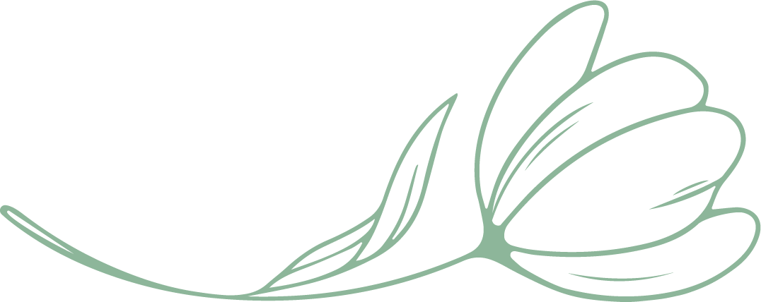 Une illustration minimaliste d'une fleur avec plusieurs pétales et une feuille, dessinée en lignes simples de couleur verte pâle.