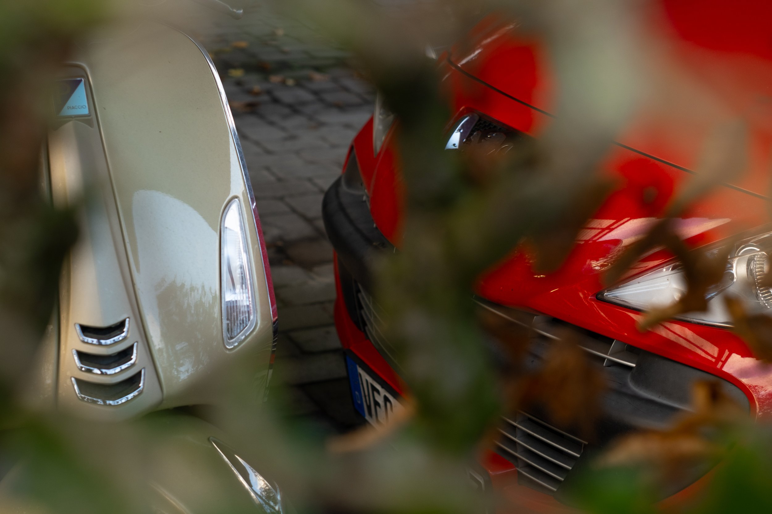 Fotografie aus Vechta, das ein rotes Auto und einen beigen Roller durch eine Hecke fotografiert zeigt
