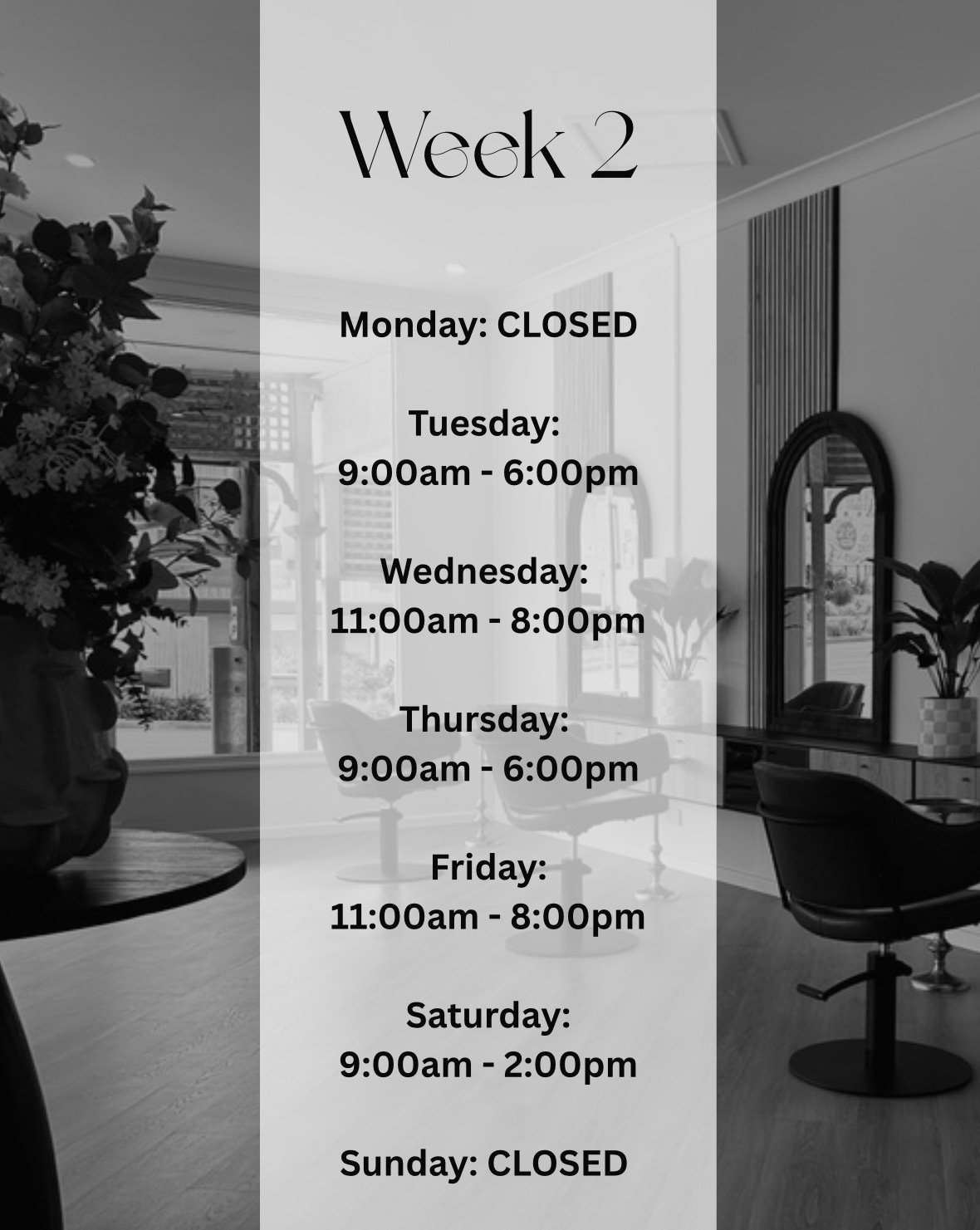 Schedule for Week 2 indicating the business is closed on Monday and Sunday. Open hours are listed for Tuesday through Saturday, with Tuesday and Thursday from 9:00am to 6:00pm, Wednesday and Friday from 11:00am to 8:00pm, Saturday from 9:00am to 2:00pm.