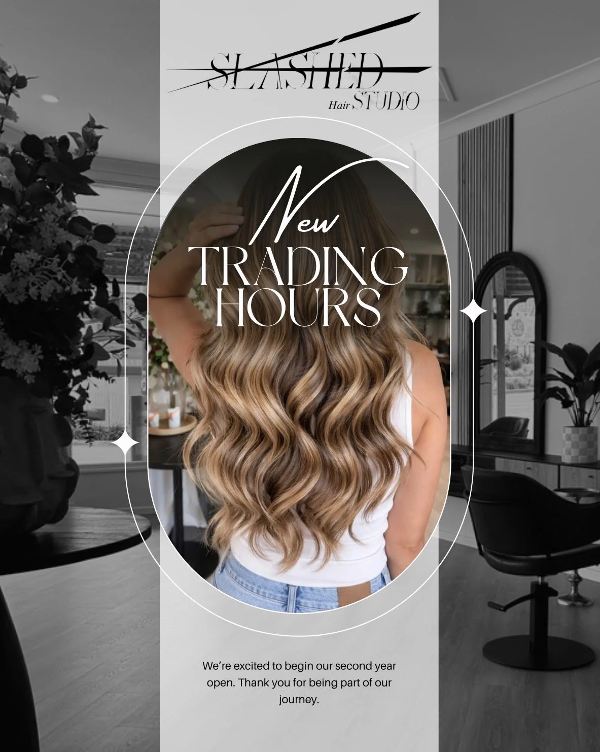 Announcement for Slashed Hair Studio about new trading hours, showing a woman with long, wavy blonde hair inside the salon.
