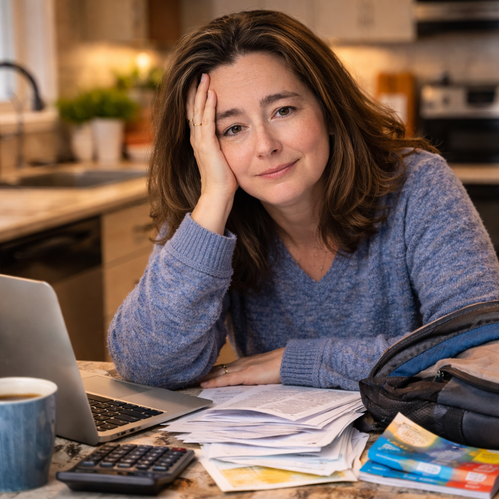 A woman with brown hair and a blue sweater sitting at a kitchen table with a laptop, a calculator, a mug, and scattered papers, looking at the camera with a slight smile.