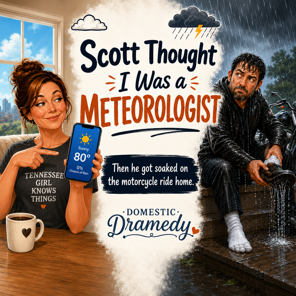 Domestic Dramedy: Scott Thought I Was a Meteorologist and Got Soaked on His Motorcycle Ride Home