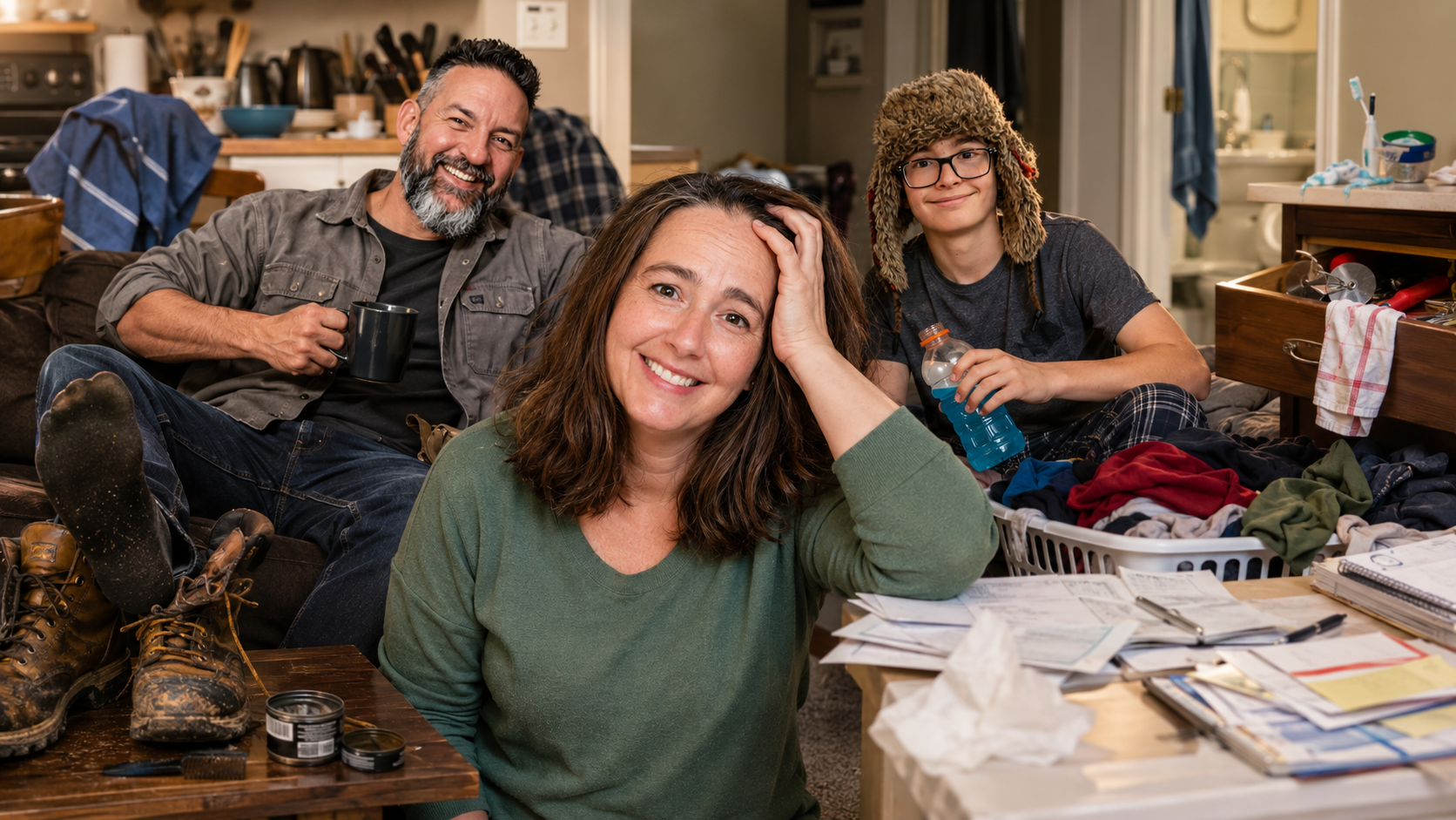 A family of three sitting on a cluttered living room couch, smiling. The woman in front is resting her head on her hand, the man holding a mug, and the boy wearing a fuzzy hat with earflaps holding a water bottle.