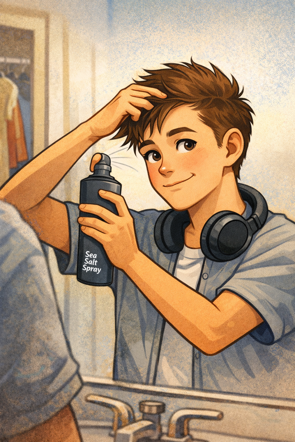 A young person with short, spiky brown hair, wearing a gray shirt and headphones, sprays sea salt spray on their hair and smiles.