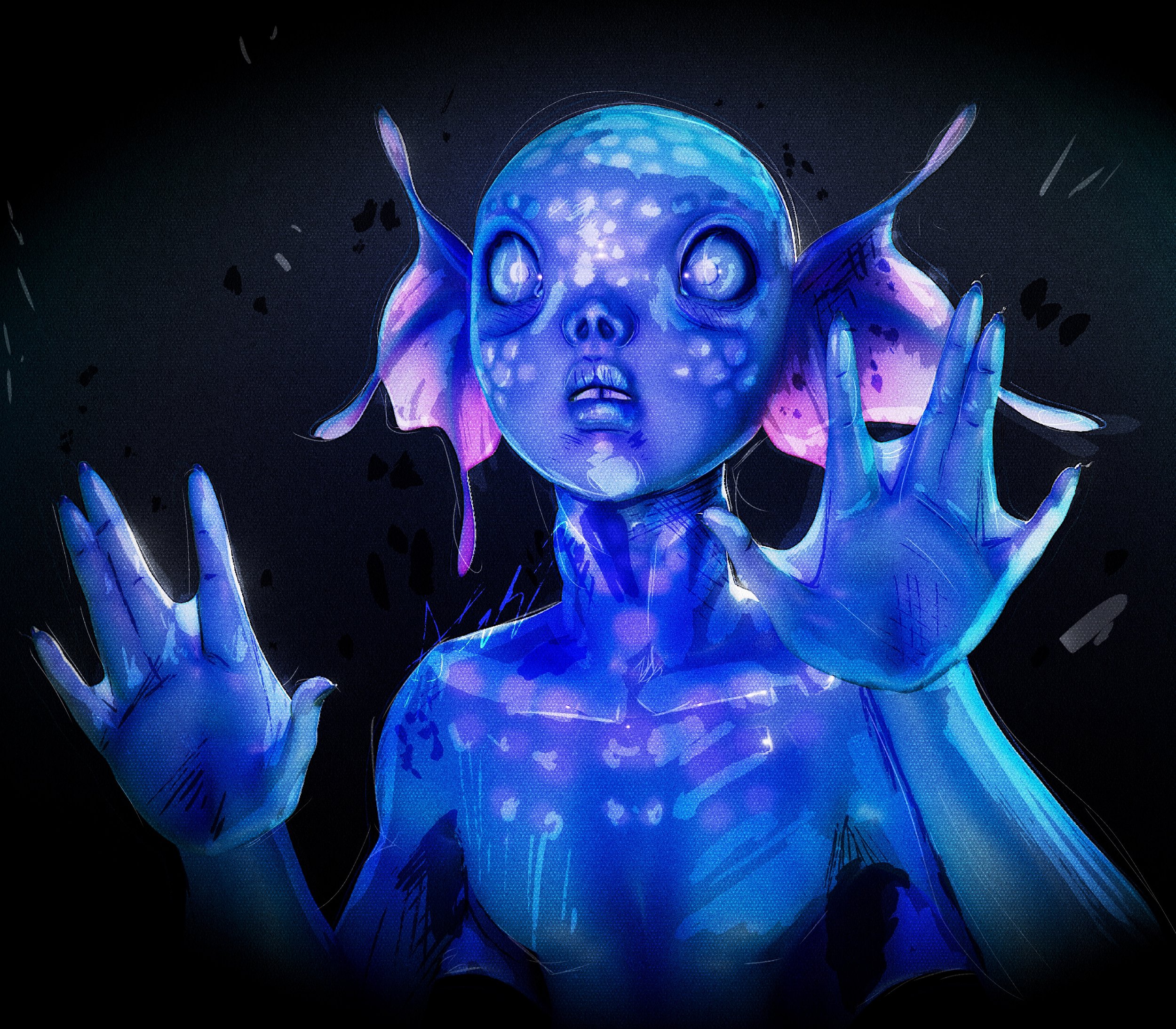 Digital artwork of a blue-skinned, alien-like female figure with large eyes, pointed ears, and glowing features, holding her fingers close to her face against a dark background with scattered black particles.