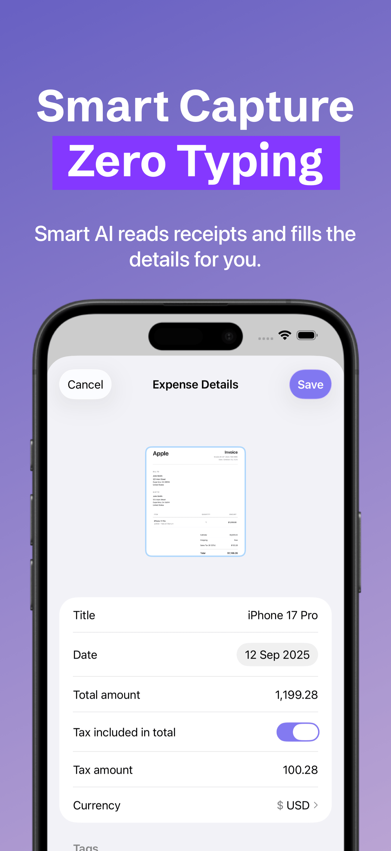 Automatic expense detail extraction using Smart Capture AI in Docket app