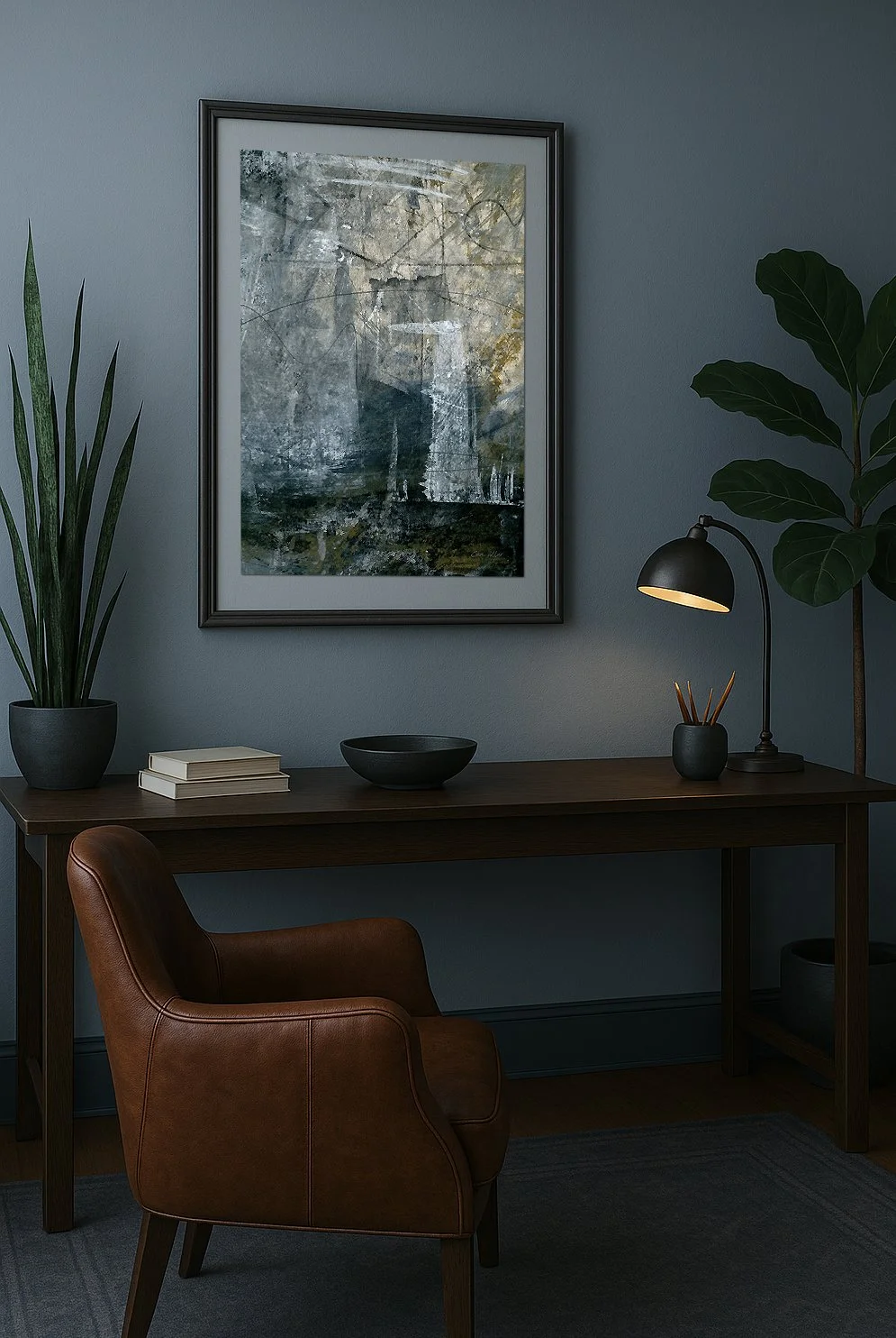 Framed abstract painting in a moody home office with dark furniture and soft lighting, featuring a textured artwork in slate and gold tones.