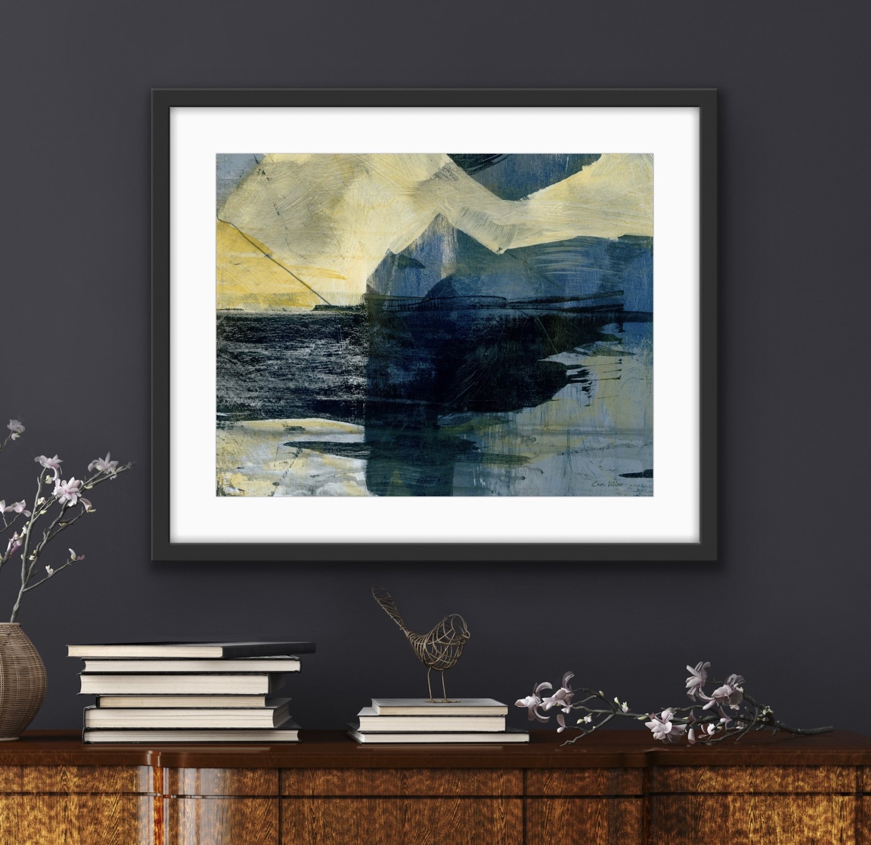 Abstract art painting in blues and ochres