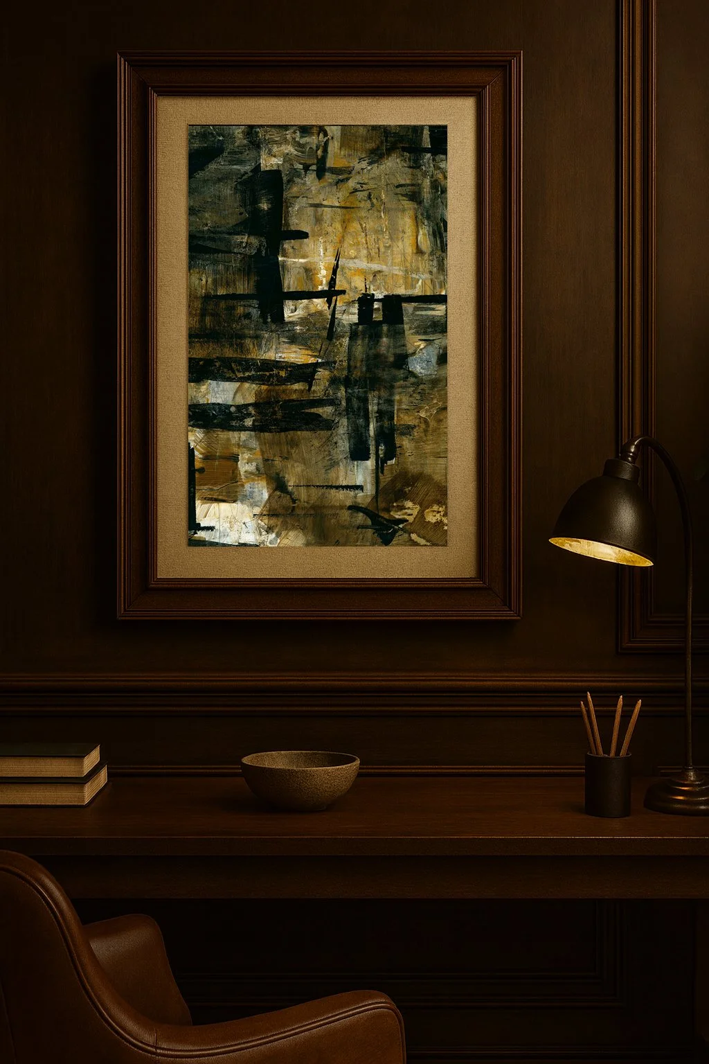 Framed Abstract print with angular black forms and tarnished ochre over rough, layered texture.