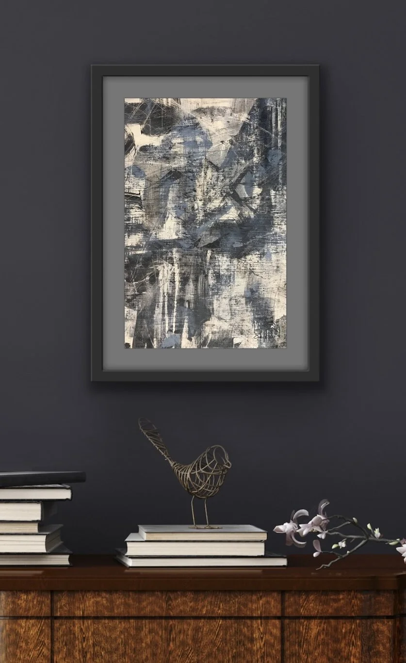 Framed Modern abstract art print in soft blue-gray and weathered white with rich surface texture