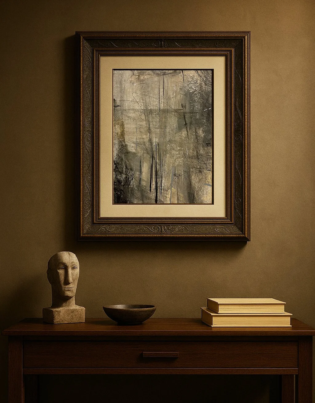 Framed Earth-toned abstract art print with clay, umber, and textured brush marks in a vertical minimalist composition.