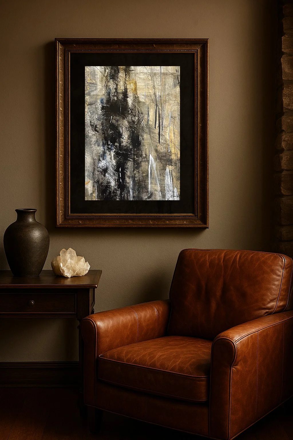 Framed Abstract art print with vertical strokes of smoky black, gold, and textured neutral tones.
