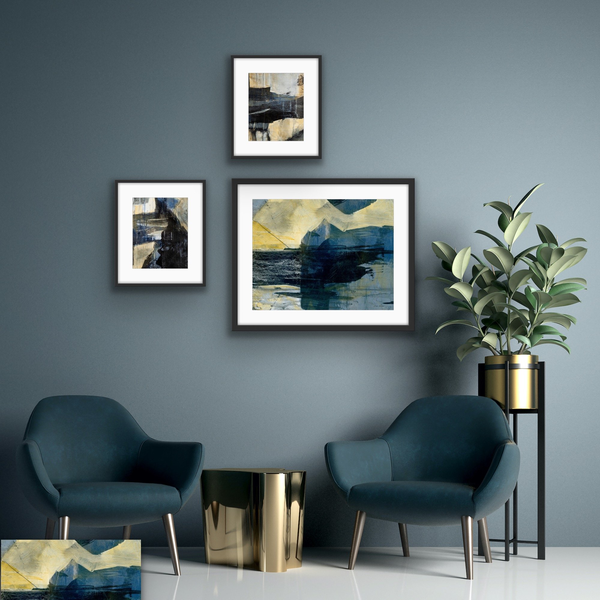 Abstract art painting in blues and ochres