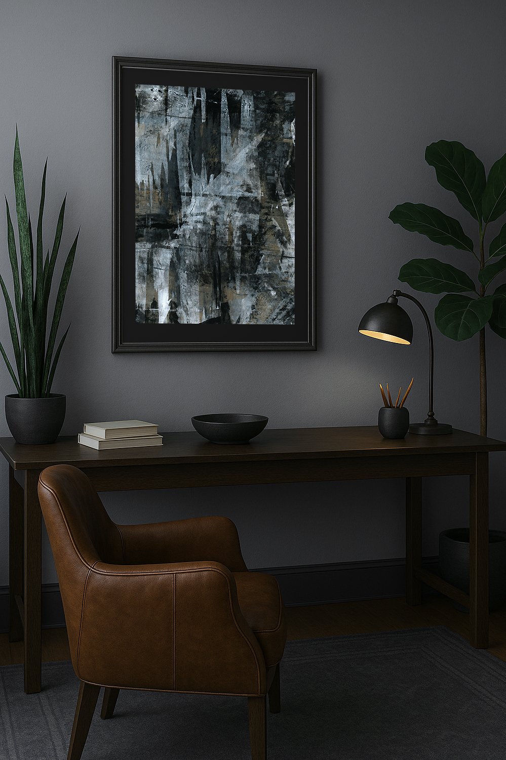 Framed Dark abstract print with layered blacks, grays, and white brushwork, evoking static or interference in a vertical format.