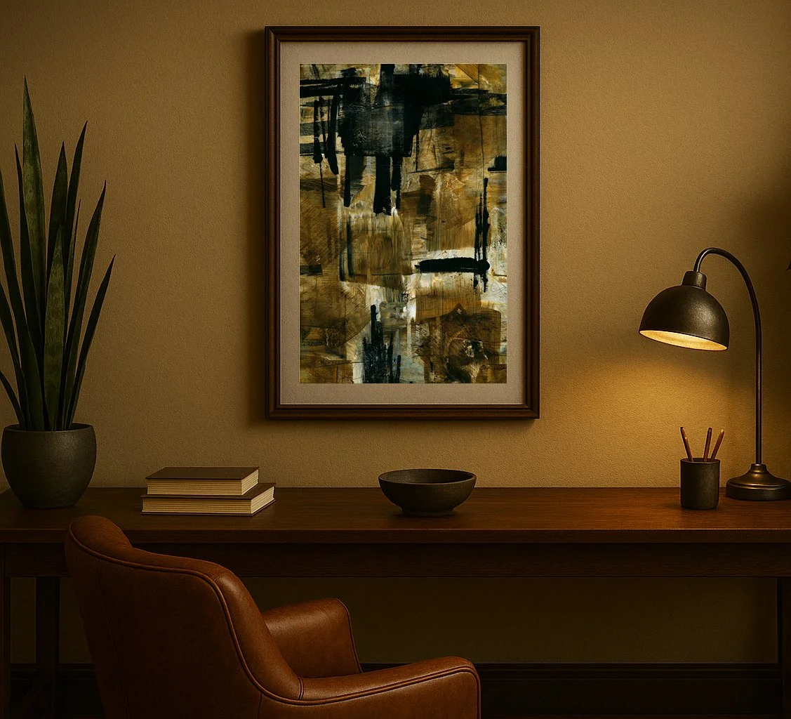 Framed Abstract artwork in soft golds and black with layered textures and weathered marks.