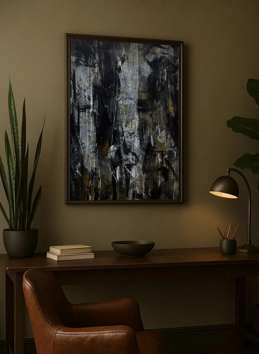 Framed Bronze and black modern abstract painting with gestural brushwork and weathered surface texture by Cam Villar, ModernArtCam