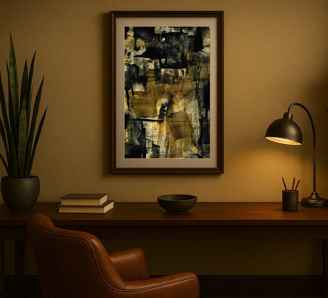 Framed abstract art print in smoky ochres and black with layered metallic textures and raw brush marks.