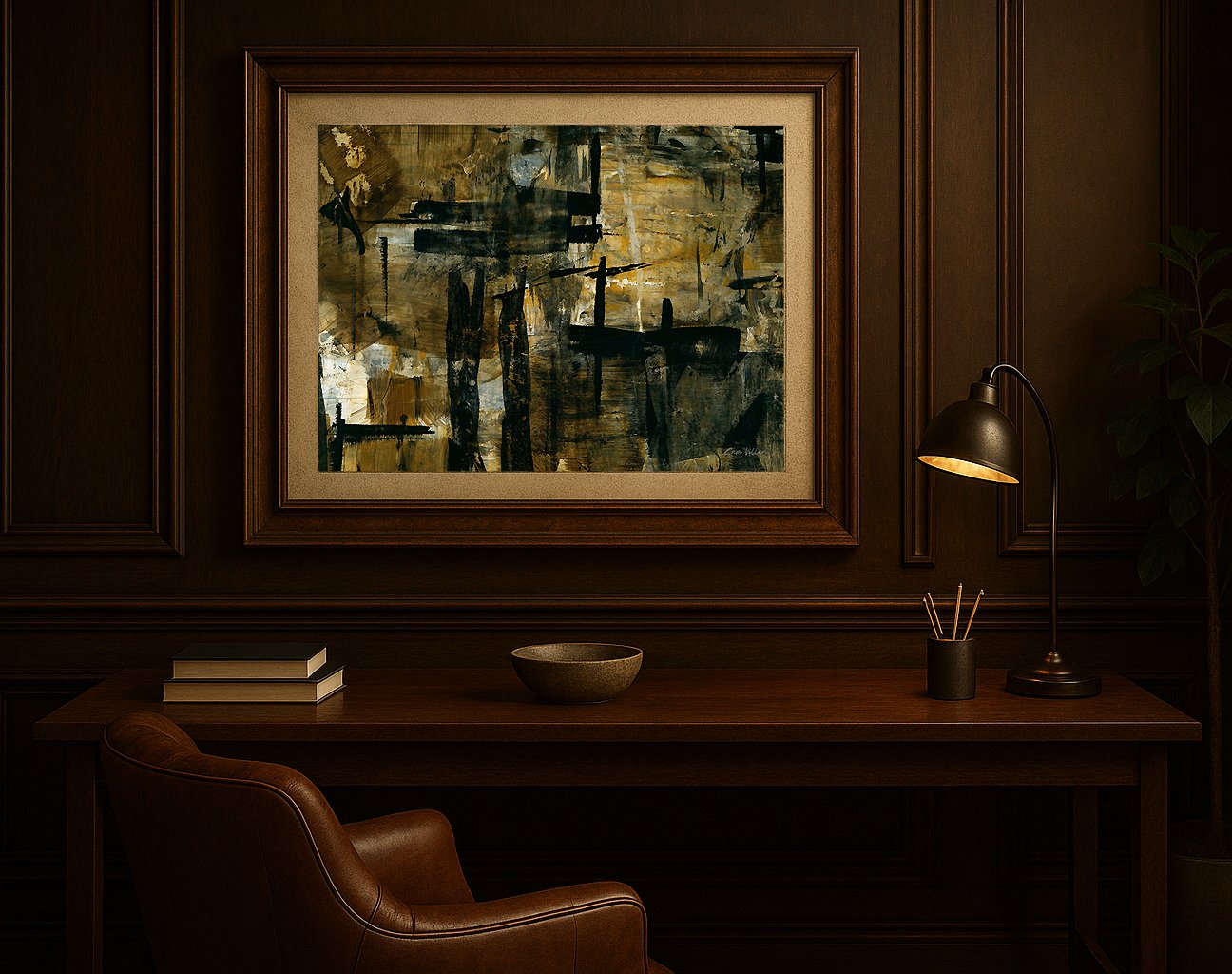 Oxide Horizon – Moody abstract painting by ModernArtCam, featuring bold vertical and horizontal strokes in ochre, black, and slate