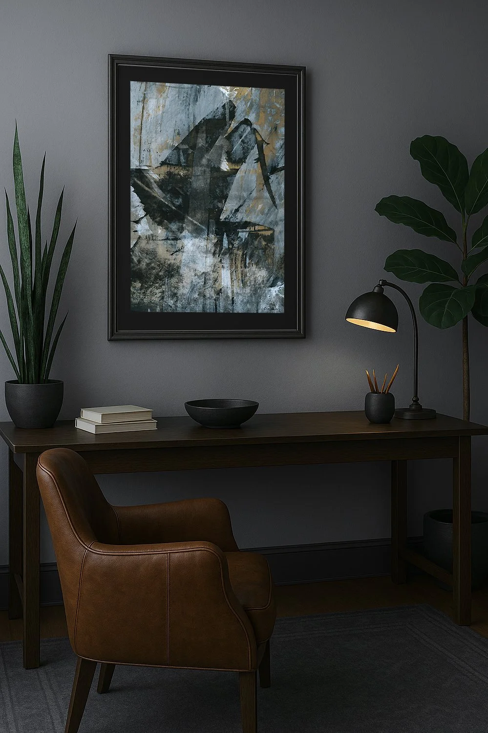 Framed abstract painting in a modern office setting, with moody lighting and décor that complements the artwork’s blue-gray palette and industrial tone.